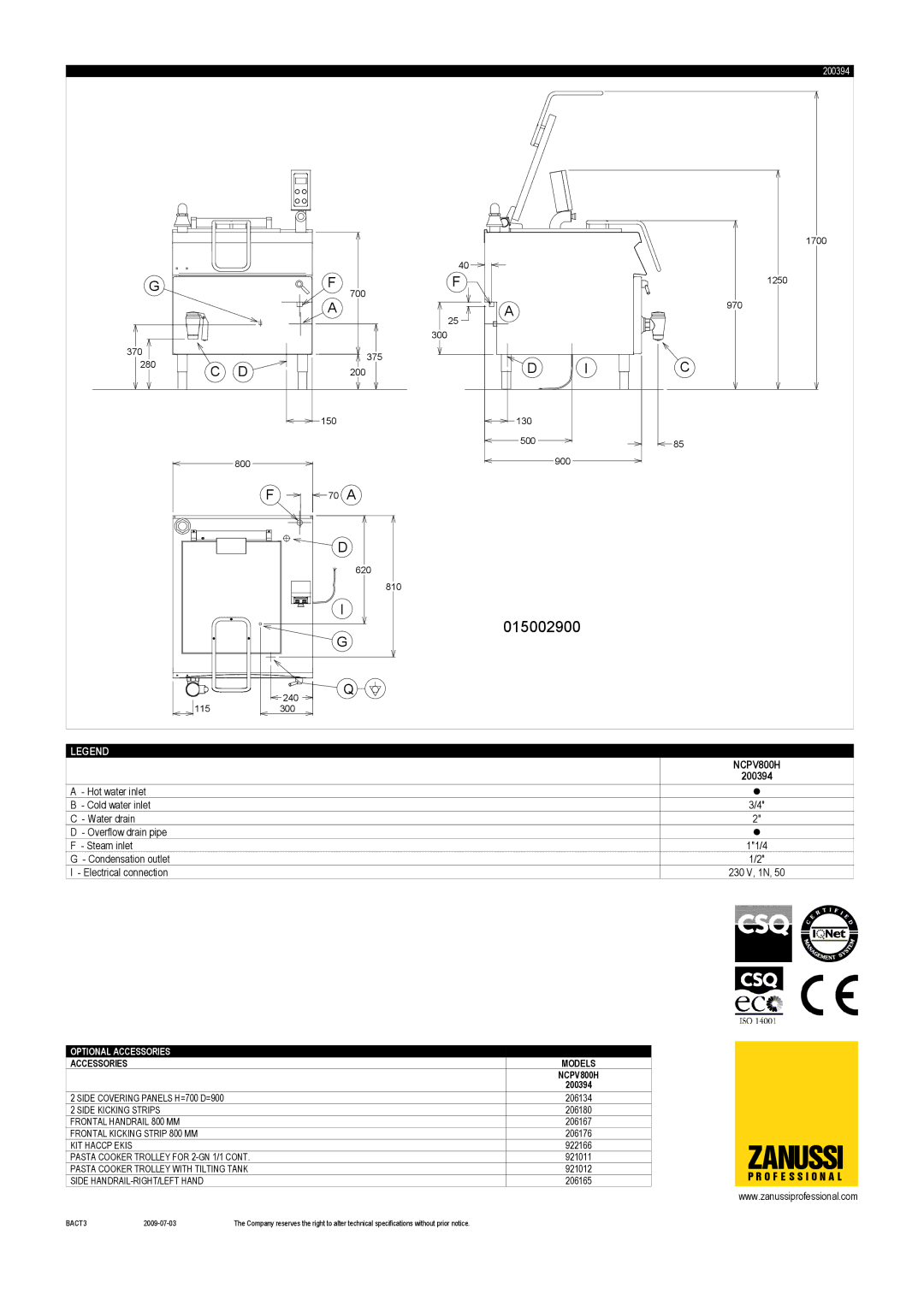 Zanussi NCPV800H, 200394 dimensions Zanussi 