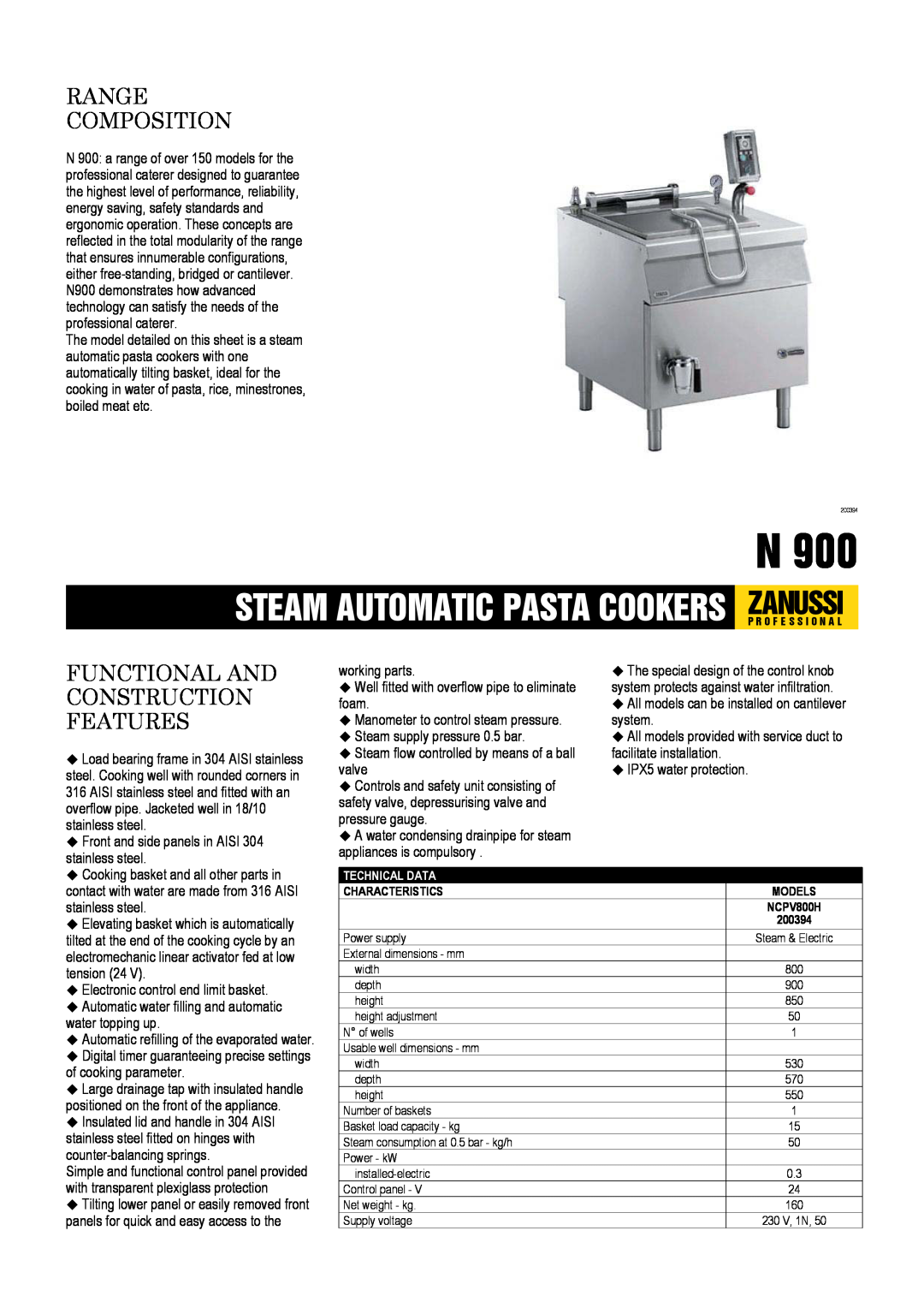 Zanussi 200394, NCPV800H dimensions Steam Automatic Pasta Cookers Zanussip R O F E S S I O N A L, Range Composition 