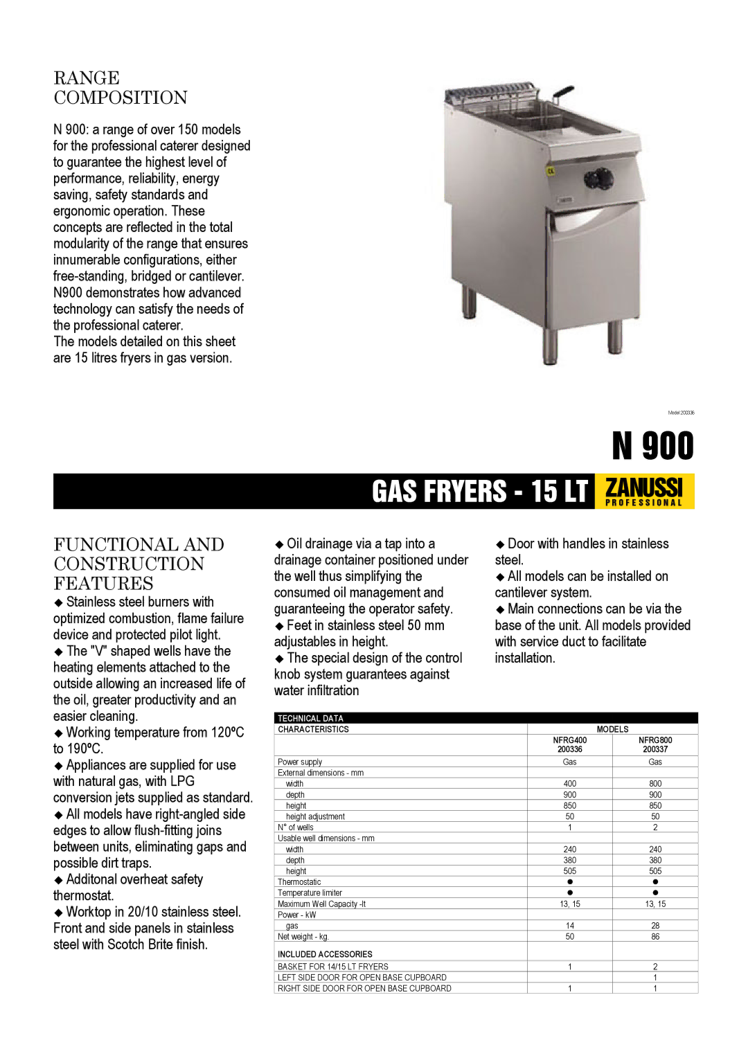 Zanussi NFRG800, NFRG400, 200336 dimensions Range Composition, Functional and Construction Features, Characteristics Models 