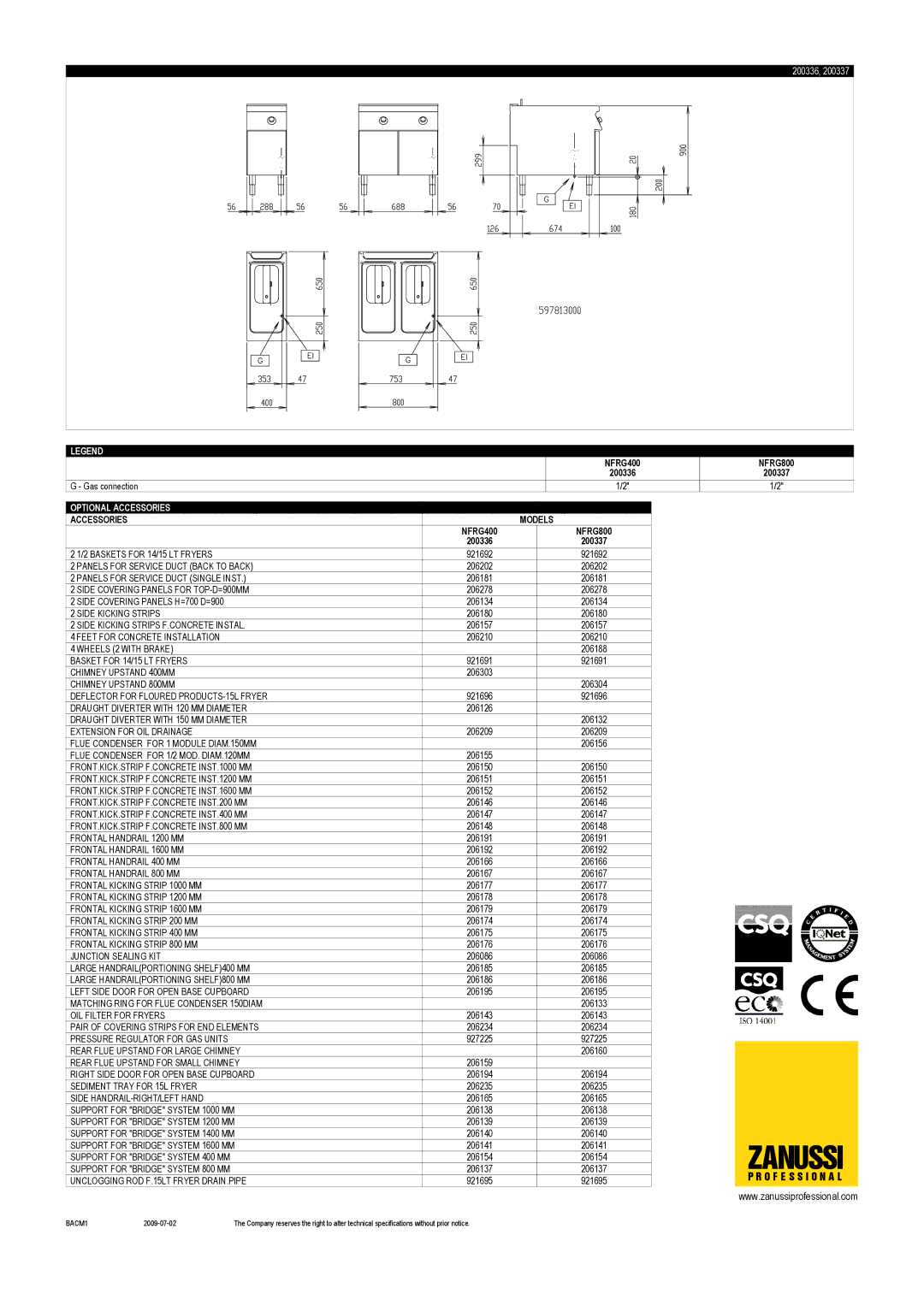 Zanussi 200336, NFRG400, NFRG800, 200337 dimensions Zanussi 