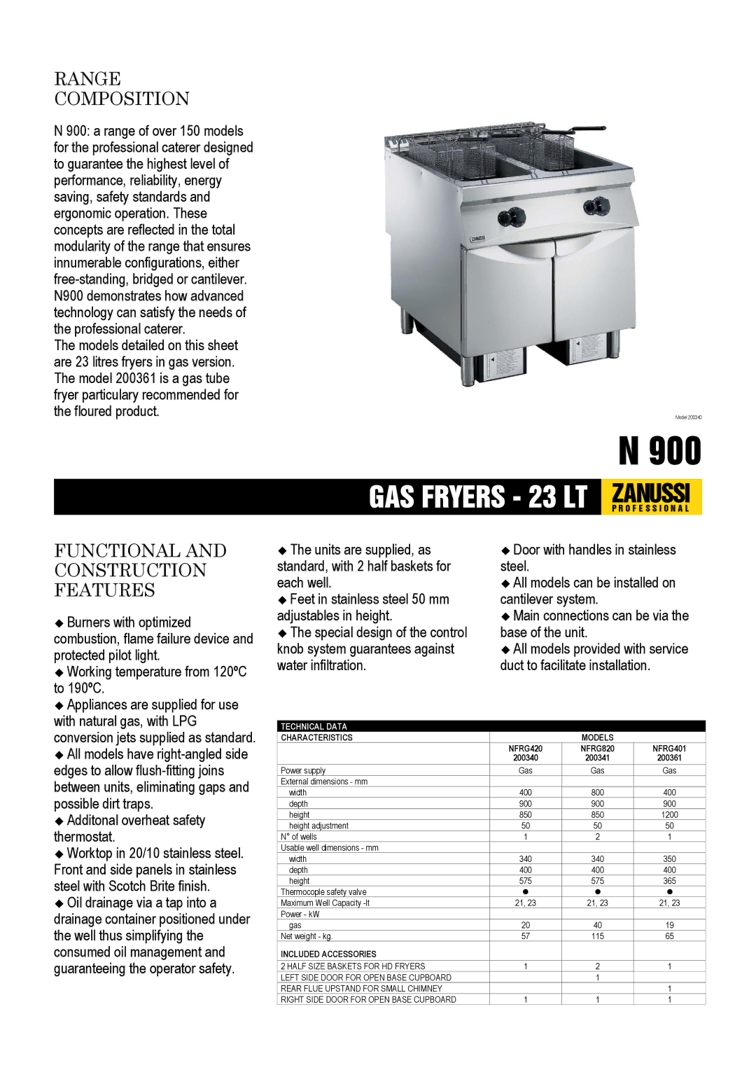 Zanussi NFRG420, NFRG401, 200340 dimensions Range Composition, Functional and Construction Features, Characteristics Models 