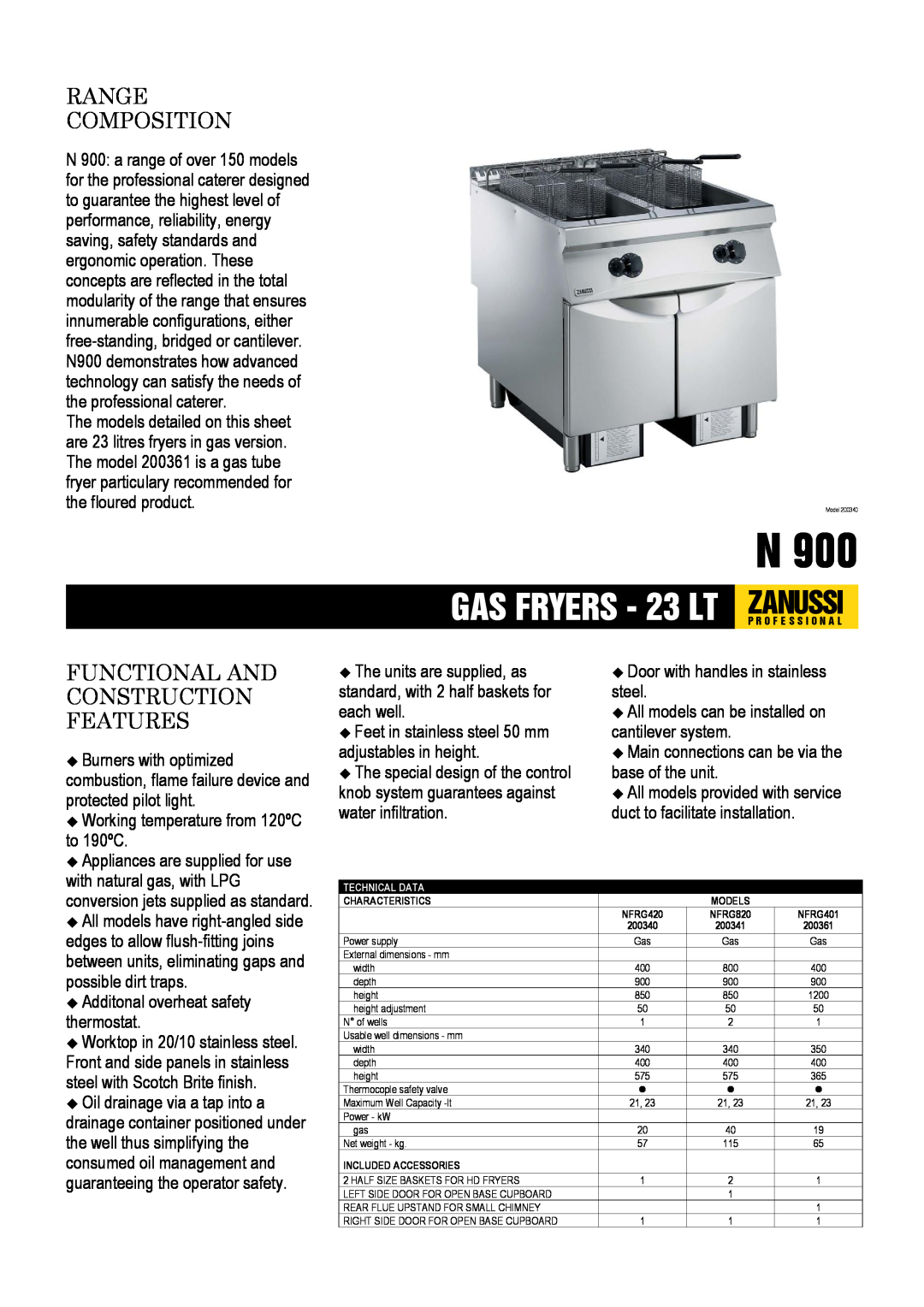 Zanussi NFRG420, NFRG401 dimensions GAS FRYERS - 23 LT, Zanussi, Range Composition, Functional And Construction Features 