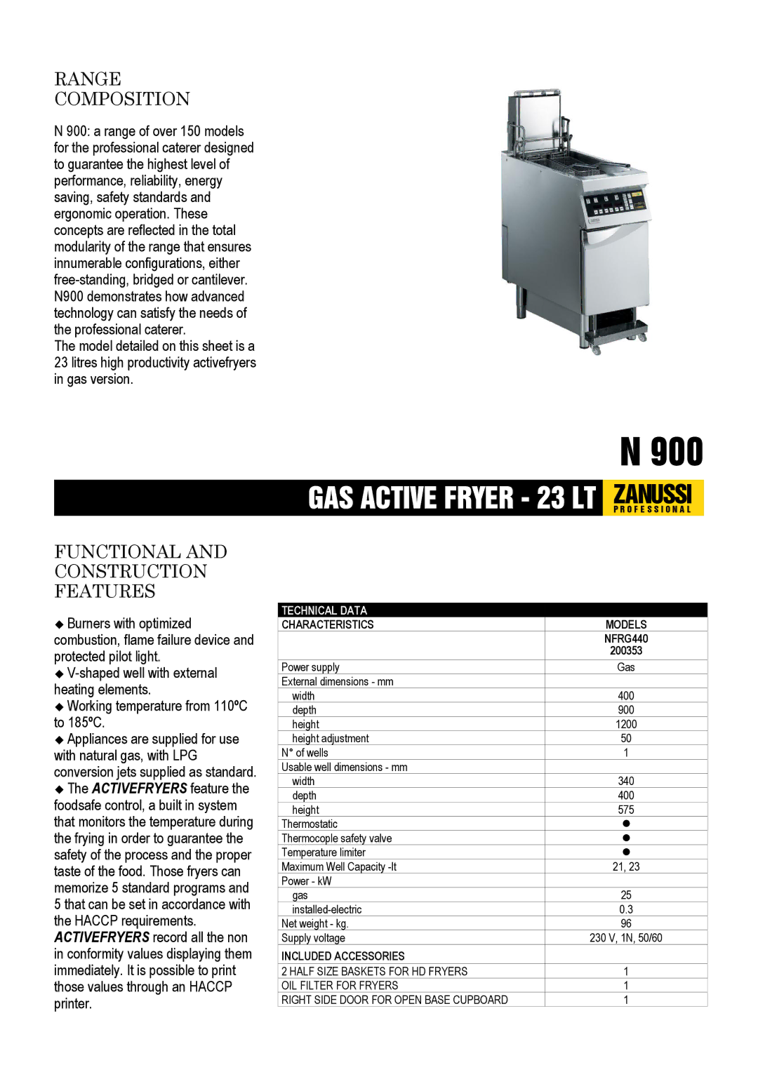 Zanussi 200353 dimensions Range Composition, Functional and Construction Features, Characteristics Models NFRG440 