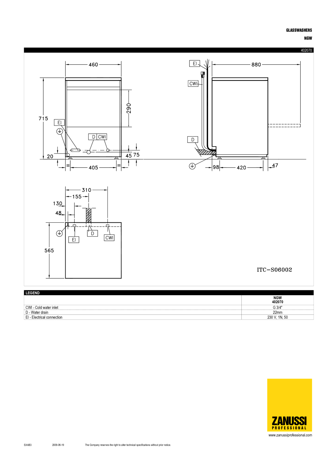 Zanussi 402071, NGWDPDD dimensions 402070 