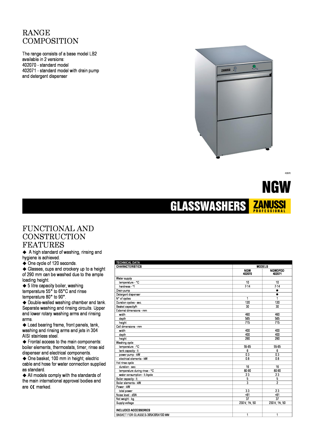 Zanussi NGWDPDD, 402070, 402071 dimensions Range Composition, Functional And Construction Features 
