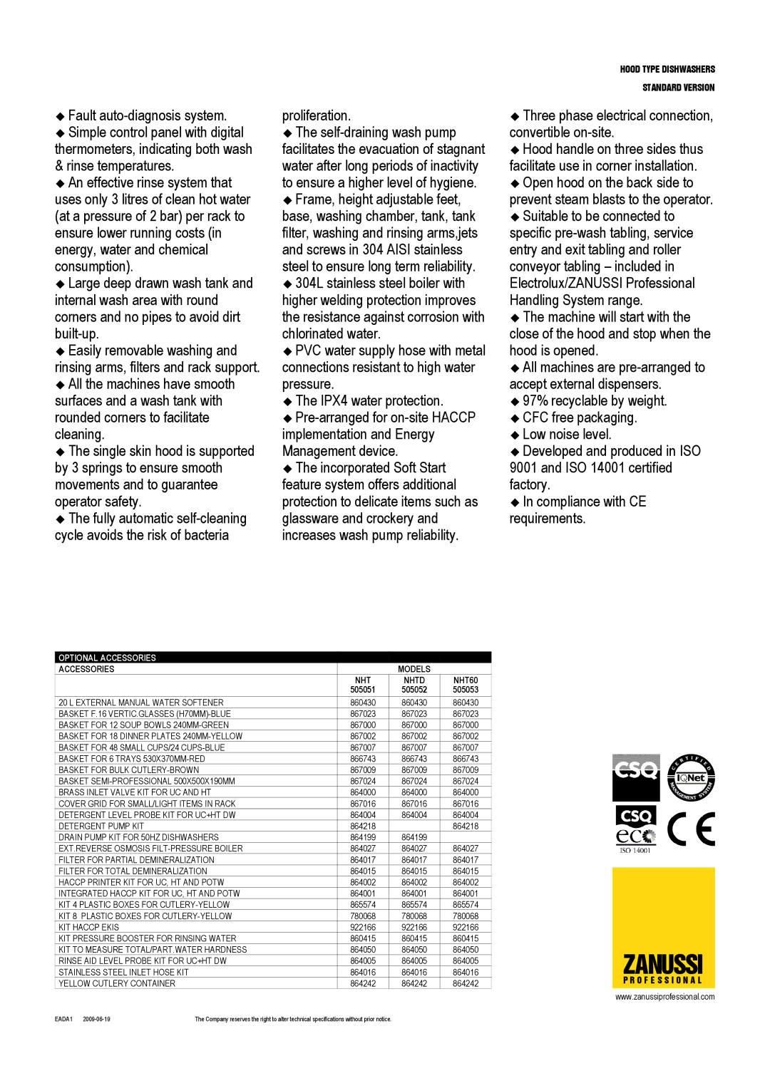 Zanussi NHTD, NHT60, 505051, 505052, 505053 dimensions Optional Accessories, Accessories Models 