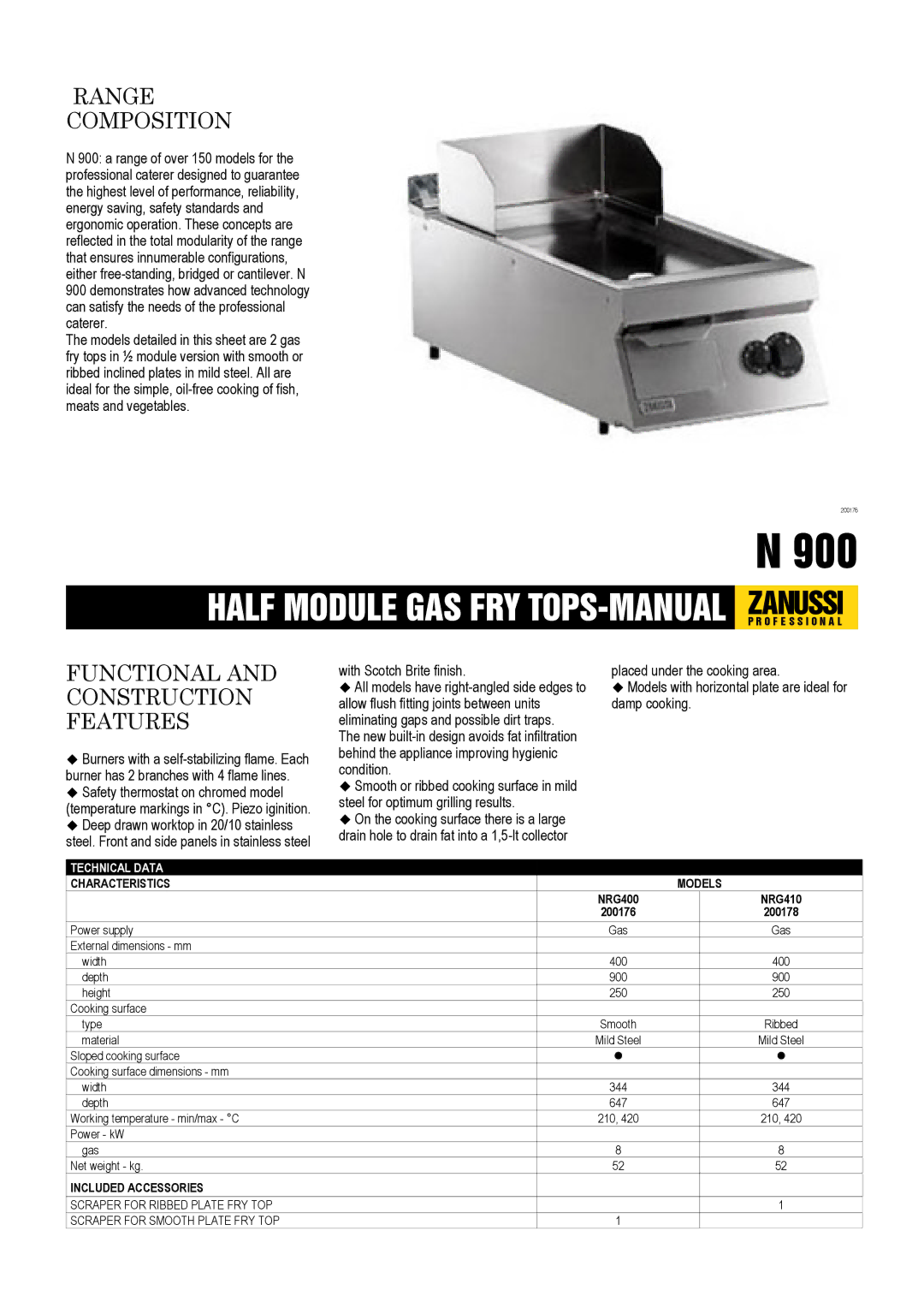 Zanussi NRG400, NRG410, 200176, 200178 dimensions Range Composition, Functional and Construction Features 