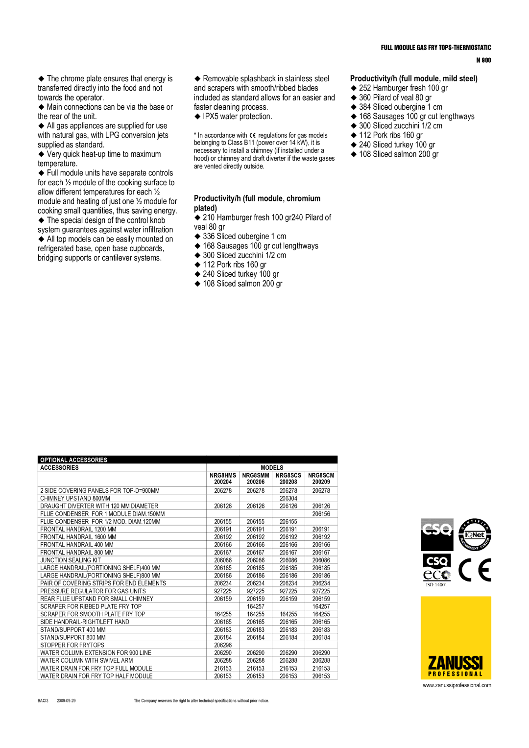 Zanussi NRG8HMS Productivity/h full module, chromium plated, Productivity/h full module, mild steel, Optional Accessories 