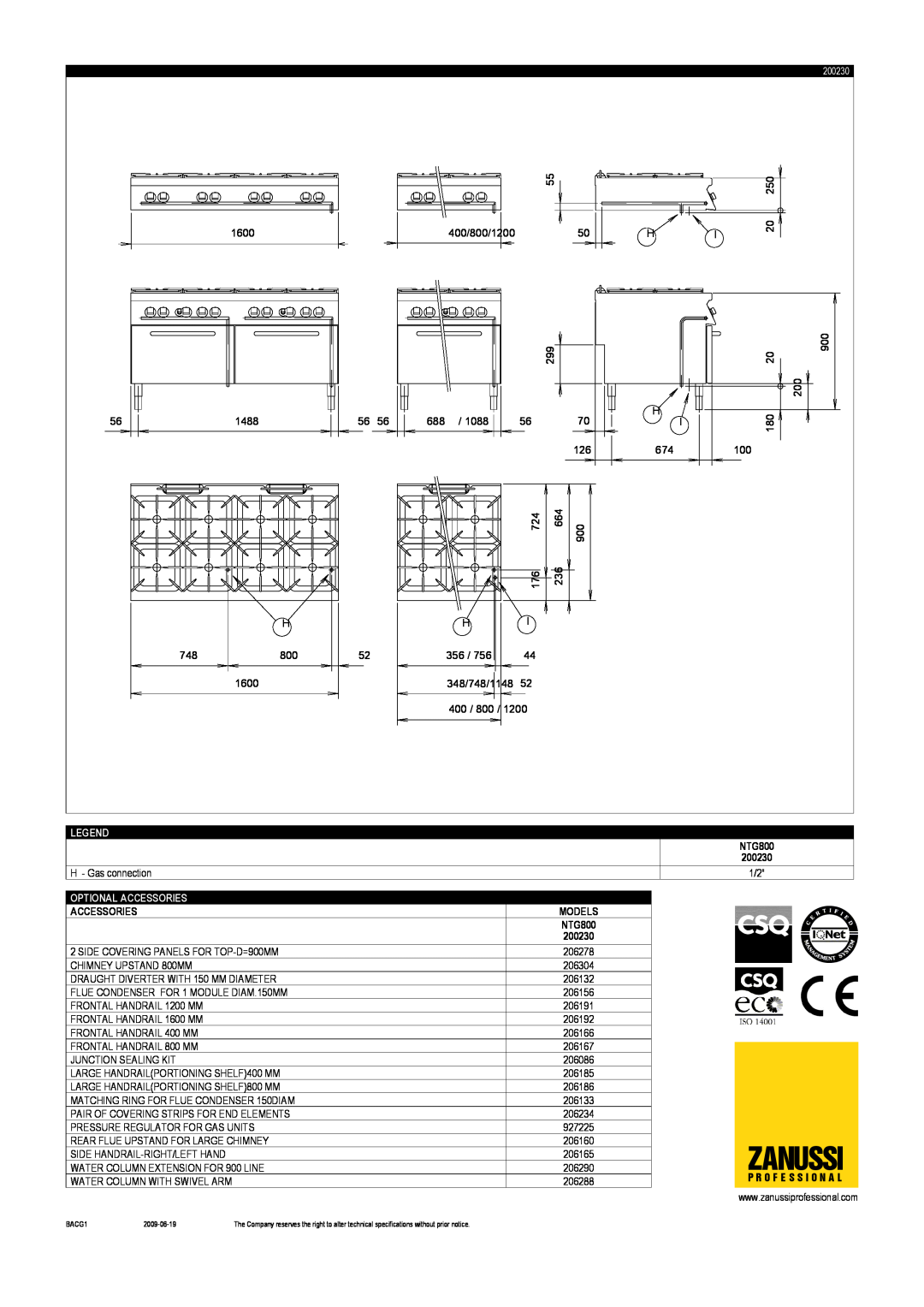 Zanussi NTG800 dimensions Zanussi, 200230, Optional Accessories, Models 