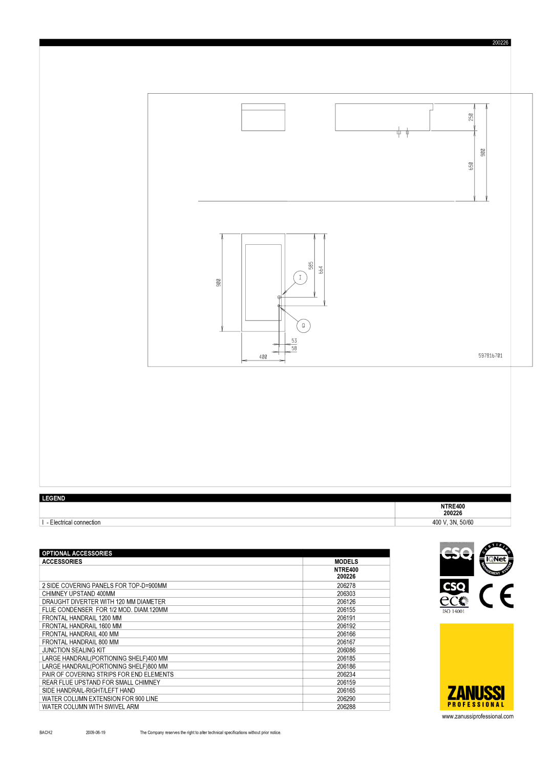 Zanussi NTRE400, 200226 dimensions Zanussi 