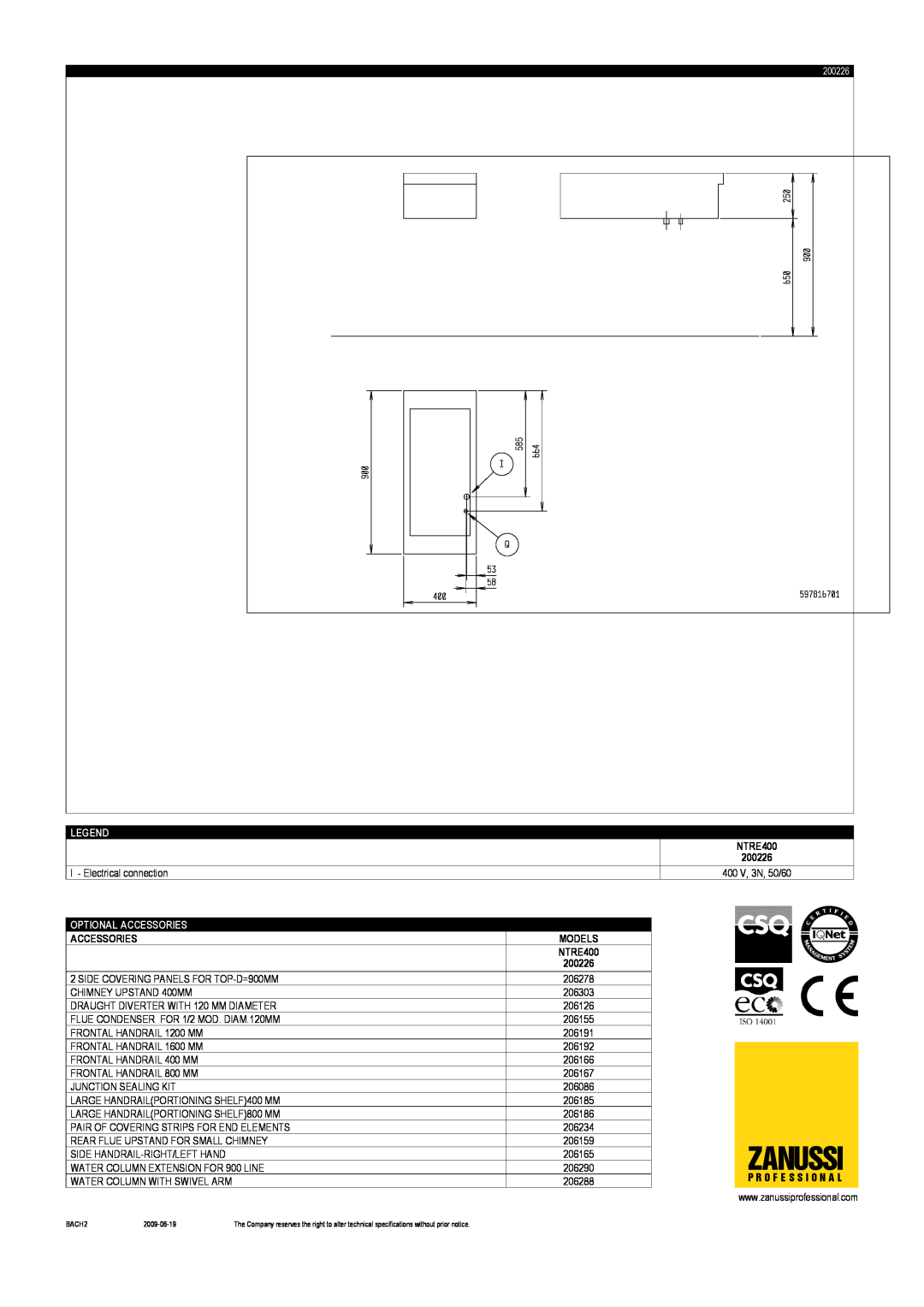 Zanussi NTRE400, 200226 dimensions Zanussi, Optional Accessories, Models 