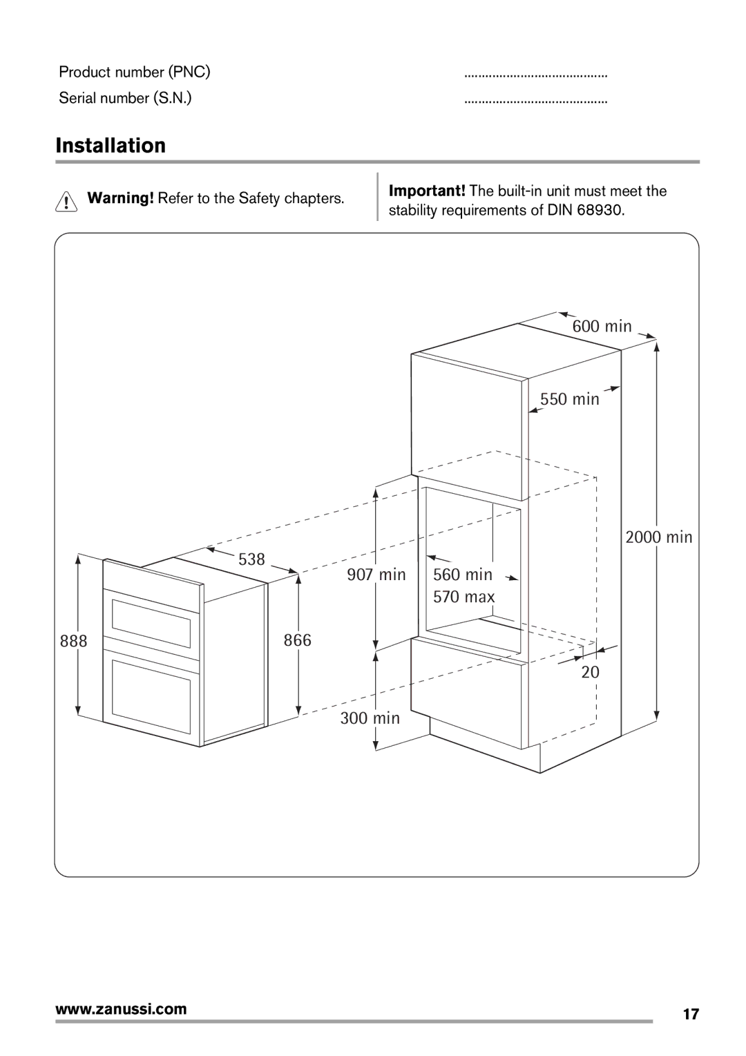 Zanussi ZOD35561, Oven user manual Installation, Product number PNC Serial number S.N, 570 max 