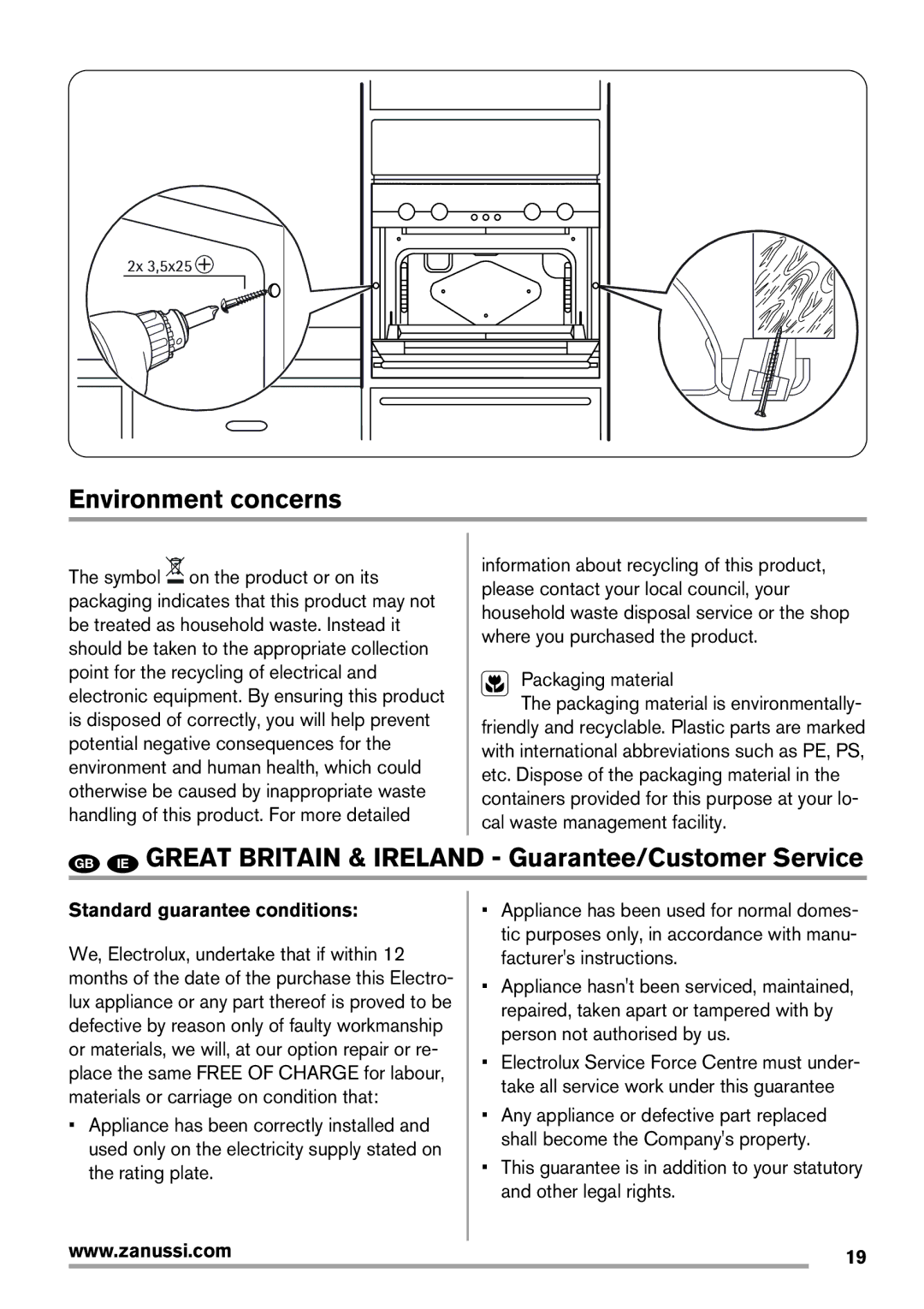 Zanussi ZOD35561, Oven Environment concerns, GB IE Great Britain & Ireland Guarantee/Customer Service, Packaging material 