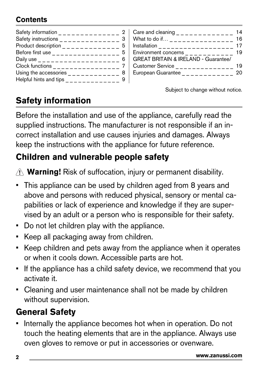 Zanussi Oven, ZOD35561 user manual Safety information, Contents 