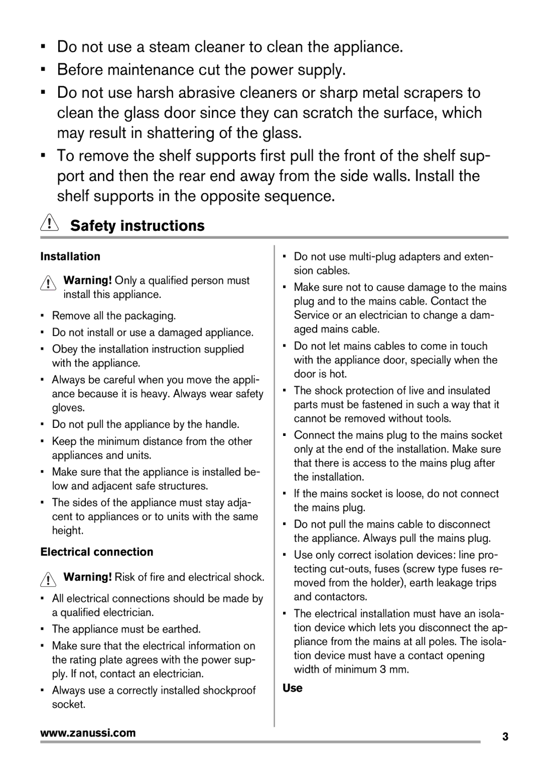 Zanussi ZOD35561, Oven user manual Safety instructions, Installation, Electrical connection, Use 