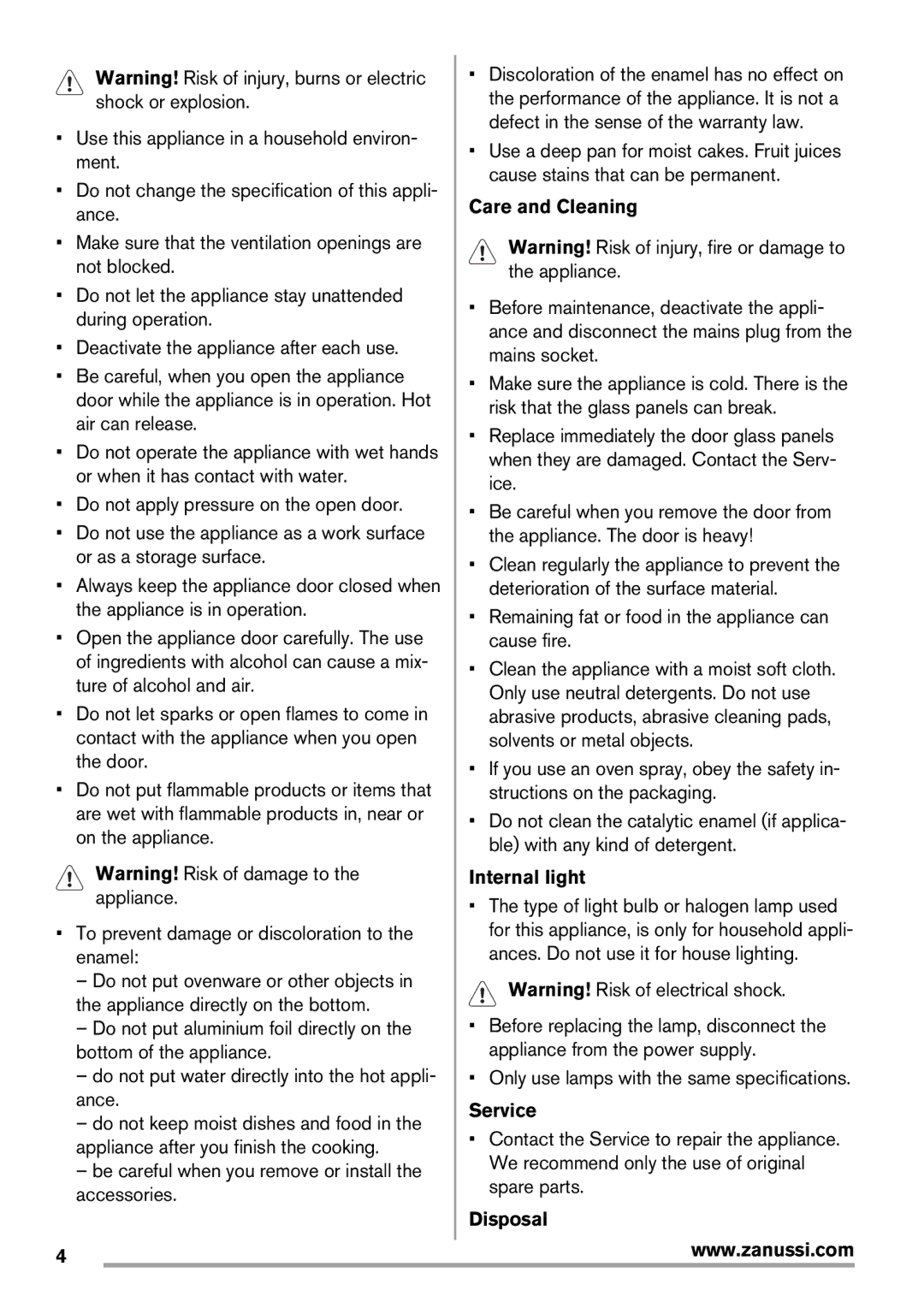 Zanussi Oven Be careful when you remove or install the accessories, Care and Cleaning, Internal light, Service, Disposal 