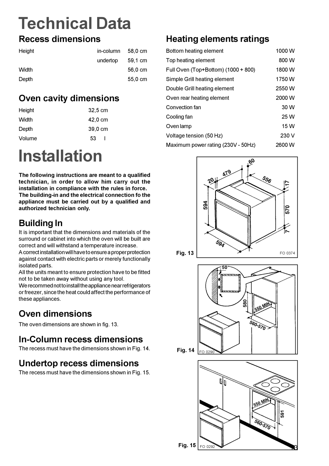 Zanussi Oven manual Technical Data, Installation 