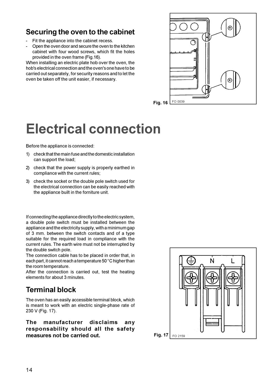 Zanussi Oven manual Electrical connection, Securing the oven to the cabinet, Terminal block 