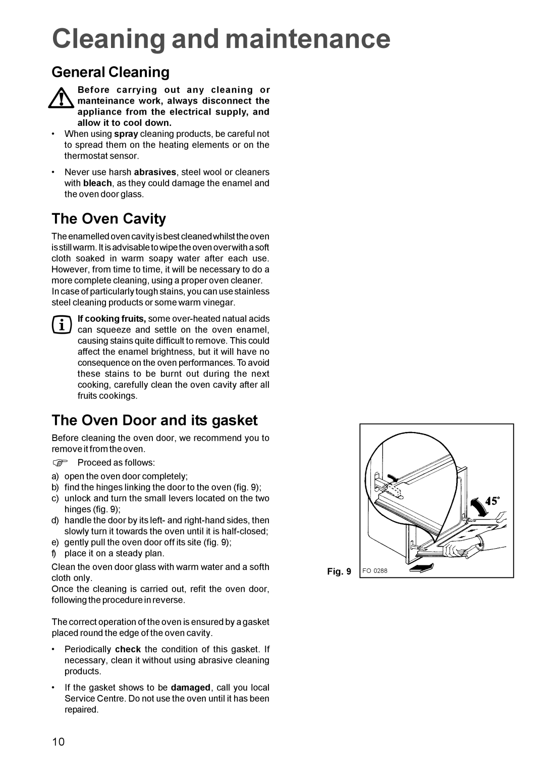 Zanussi manual Cleaning and maintenance, General Cleaning, Oven Cavity, Oven Door and its gasket 