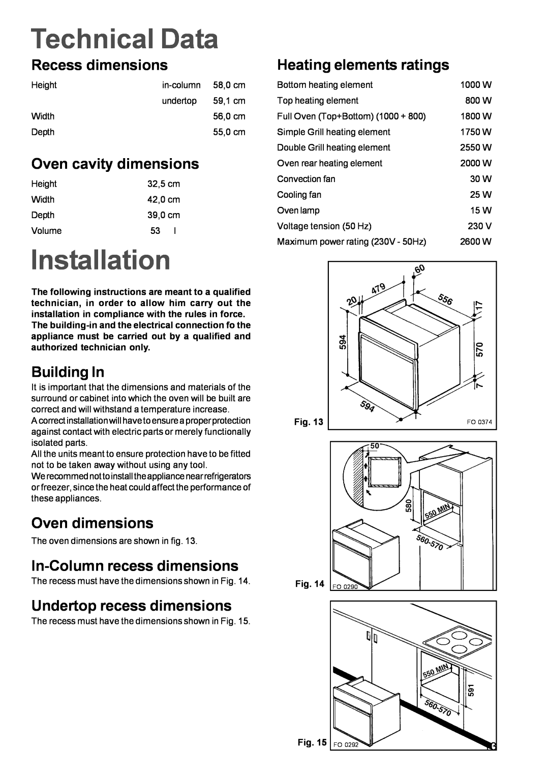 Zanussi manual Technical Data, Installation, Recess dimensions, Oven cavity dimensions, Building In, Oven dimensions 