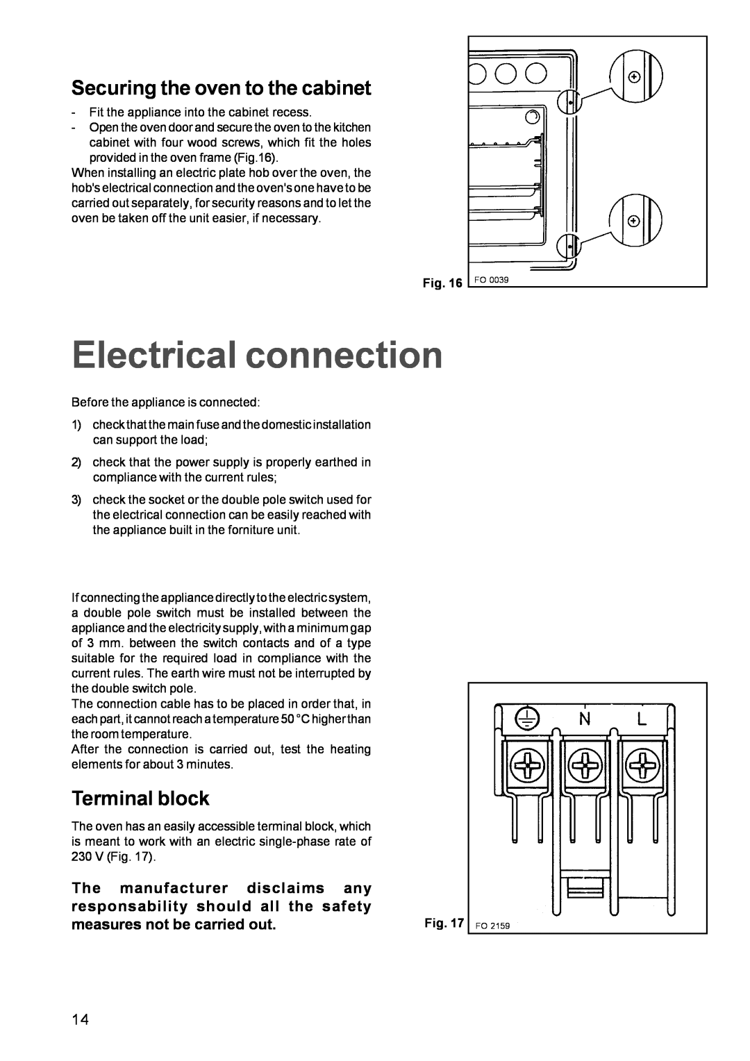 Zanussi Oven manual Electrical connection, Securing the oven to the cabinet, Terminal block, The manufacturer disclaims 
