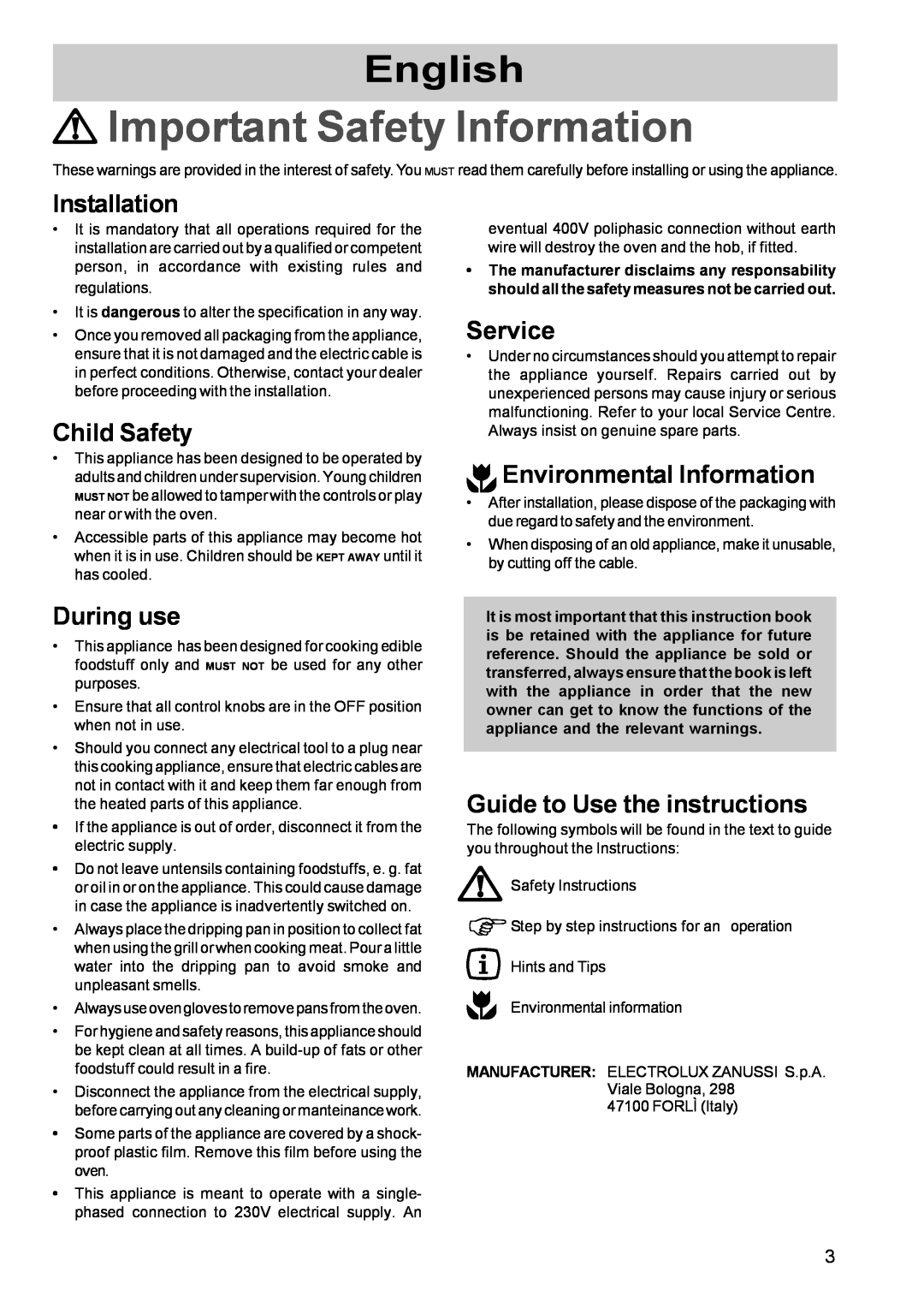 Zanussi Oven Installation, Child Safety, During use, Service, Environmental Information, Guide to Use the instructions 