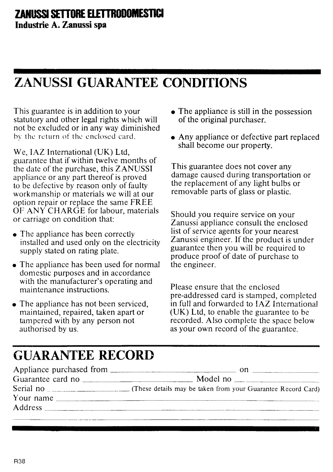 Zanussi PM60 manual 