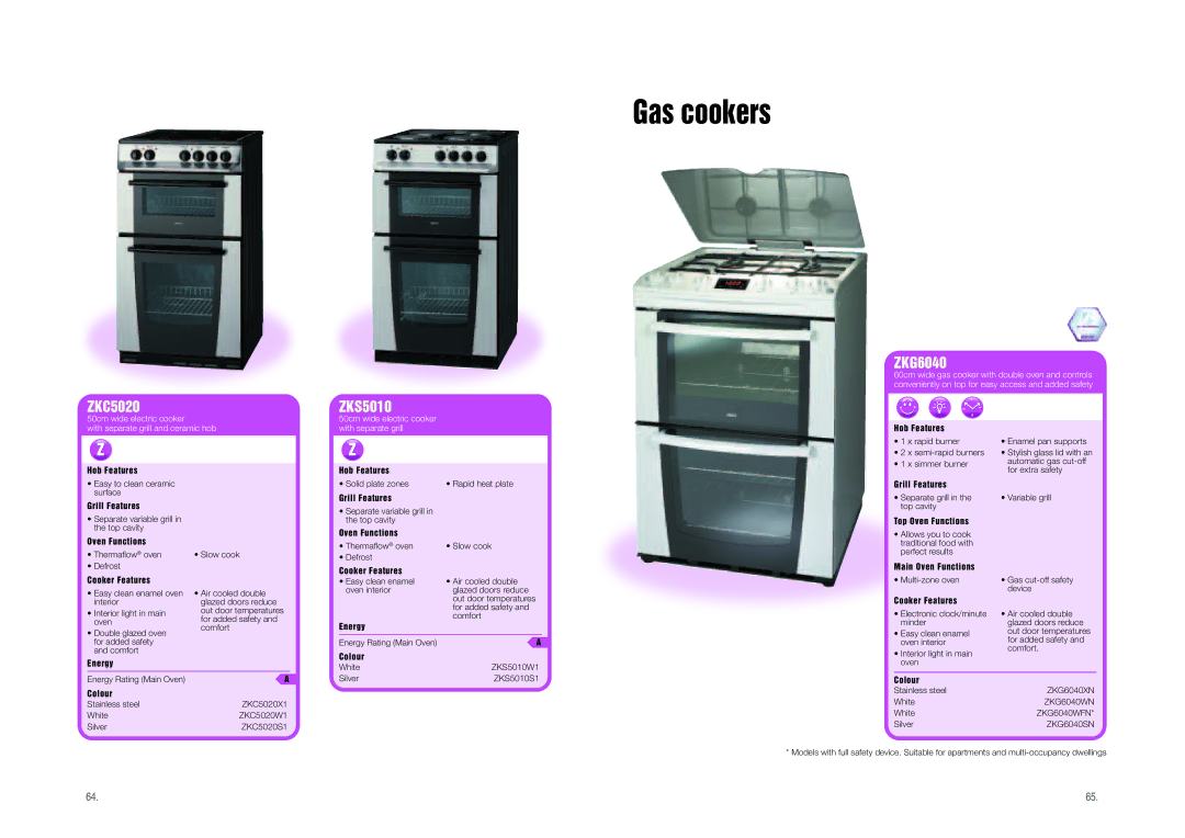 Zanussi Range Cookers manual Gas cookers, ZKC5020, ZKS5010, ZKG6040 