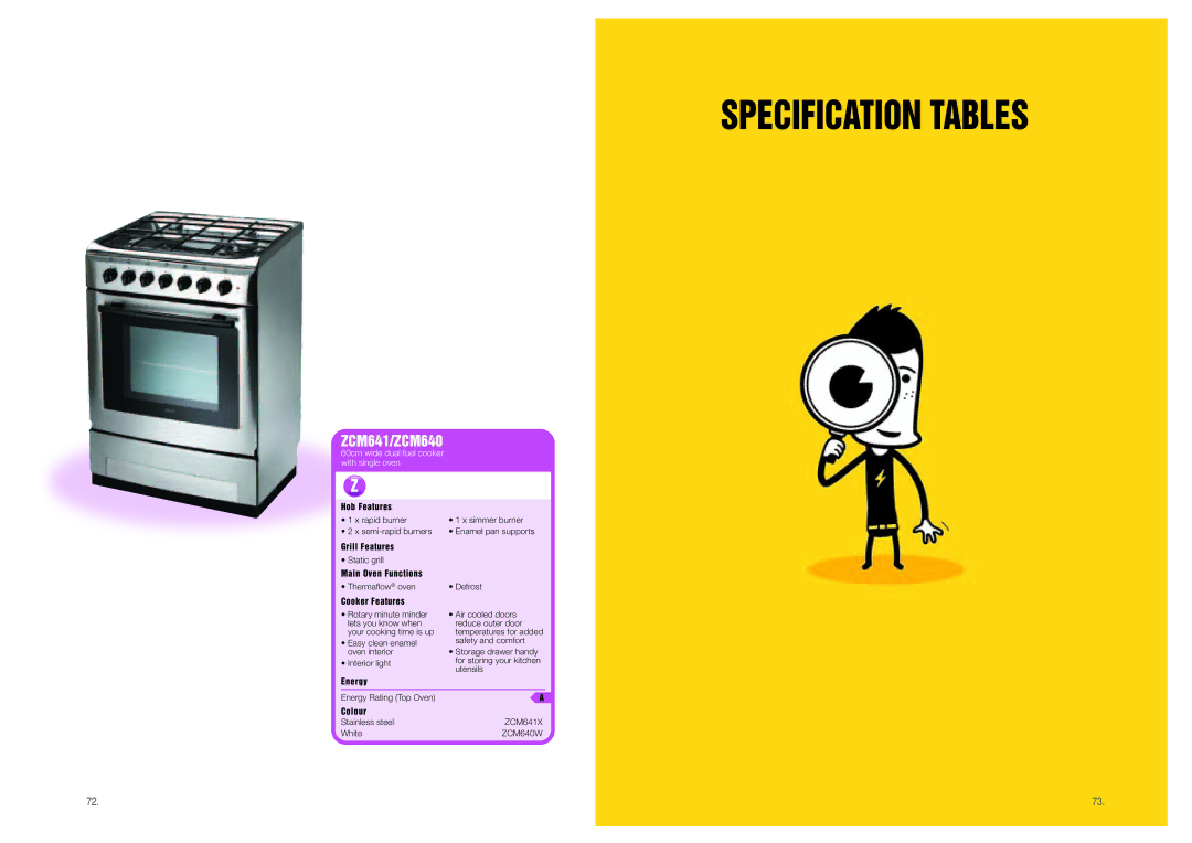 Zanussi Range Cookers manual Specification Tables 