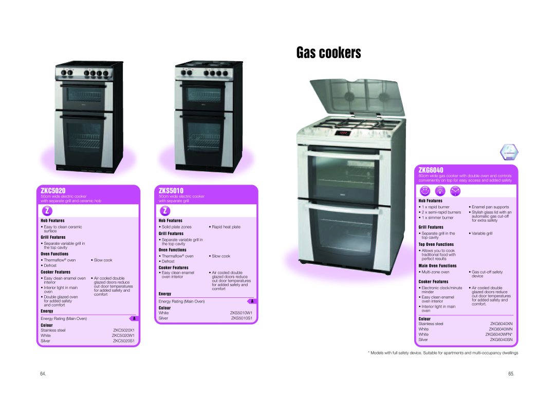 Zanussi Range Cookers manual Gas cookers, ZKC5020, ZKS5010, ZKG6040, with separate grill and ceramic hob 