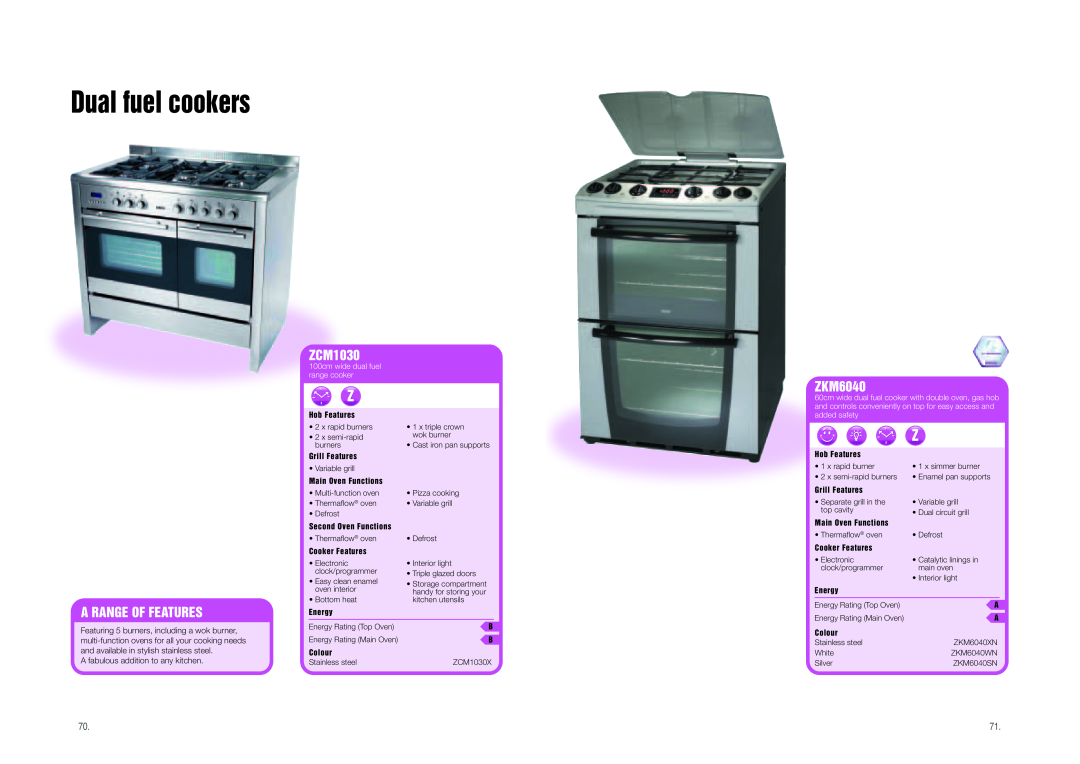 Zanussi Range Cookers manual Dual fuel cookers, ZCM1030, ZKM6040, A Range Of Features, 100cm wide dual fuel range cooker 