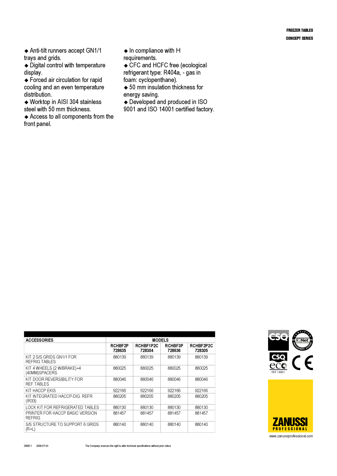 Zanussi 728304, RCHBF2P2C, 728305, RCHBF3P, 728635, 728636, RCHBF1P2C dimensions Zanussi, Optional Accessories Models 