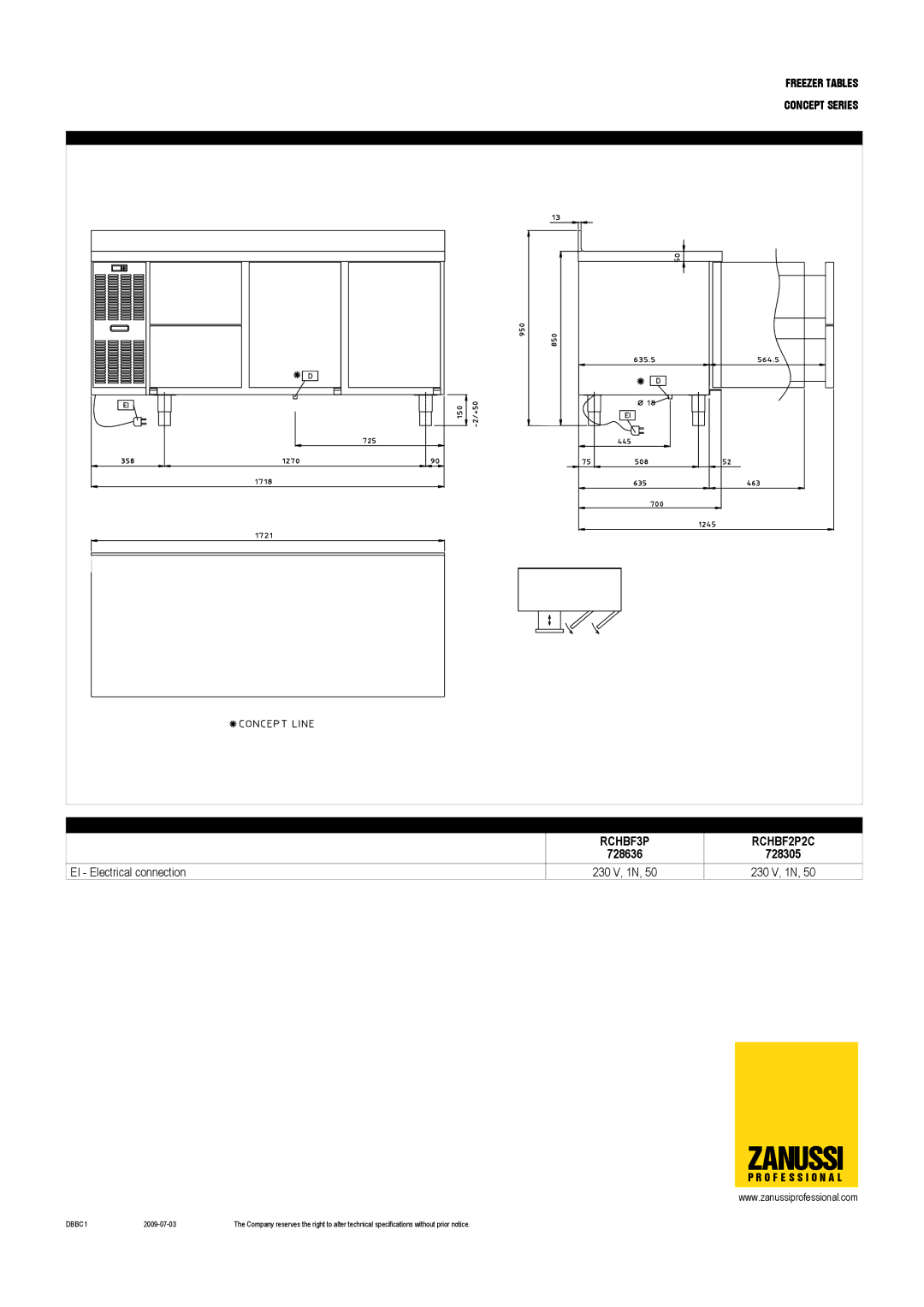 Zanussi 728635, RCHBF2P2C, 728304, RCHBF3P, RCHBF1P2C dimensions 728636 728305 EI Electrical connection 230 V, 1N 