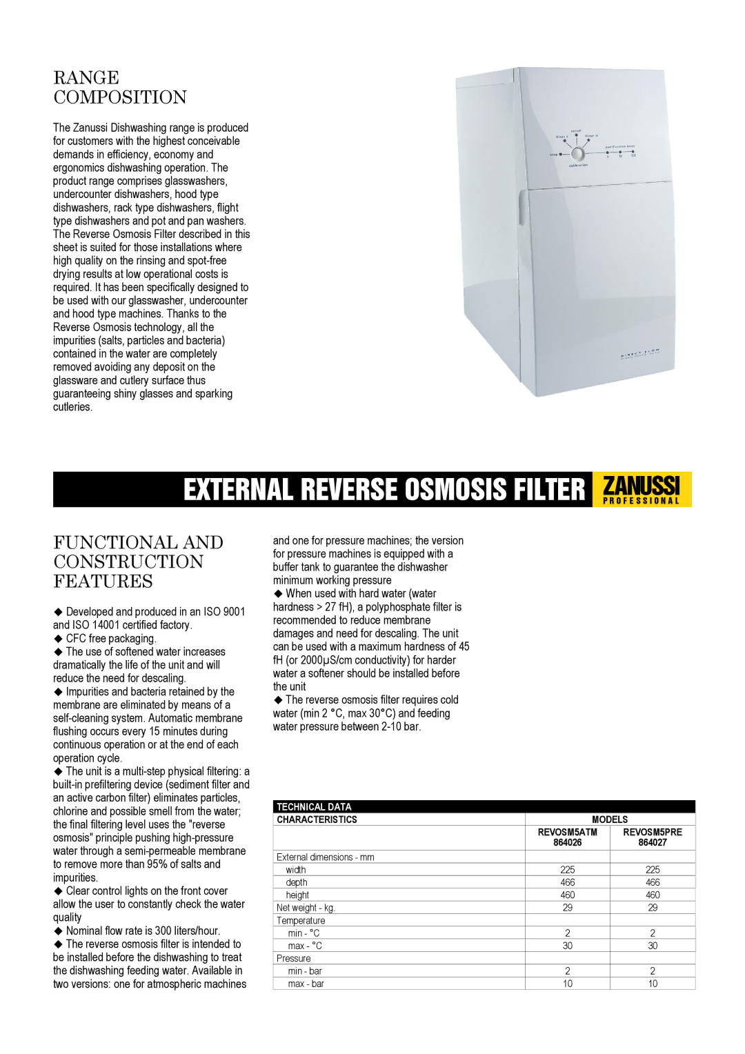 Zanussi REVOSM5PRE dimensions Range Composition, Functional and Construction Features, Technical Data, 864026 864027 