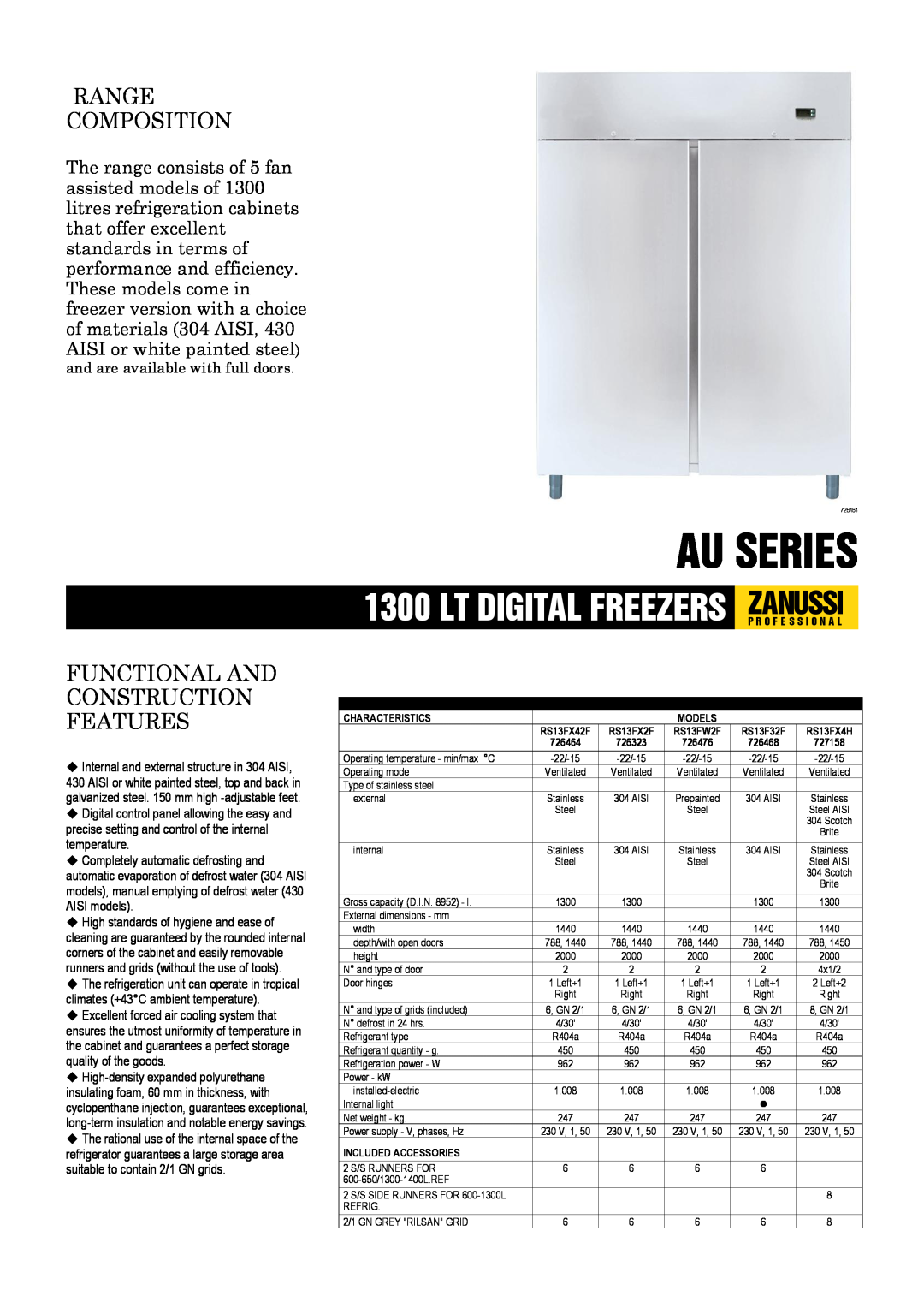 Zanussi RS13FX2F, RS13FX42F, RS13F32F, 726476 dimensions Au Series, Range Composition, Functional And Construction Features 