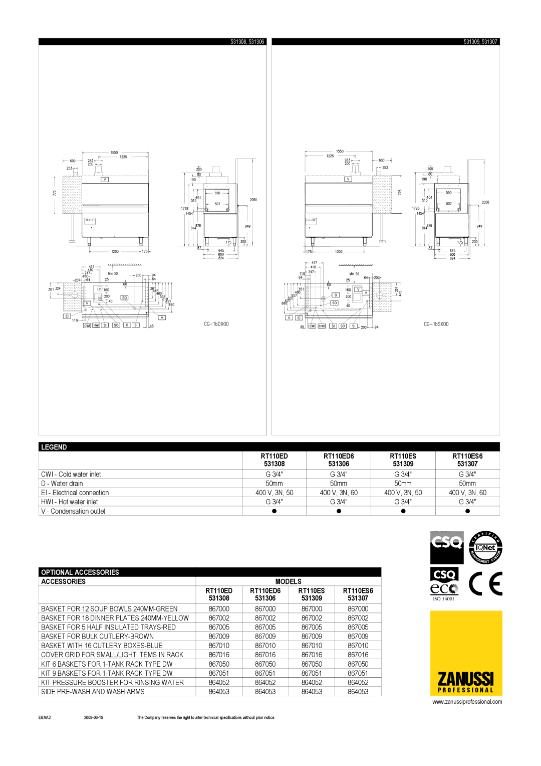 Zanussi RT 110, RT110ED6 dimensions Optional Accessories, RT110ES6 531308 531306 531309 531307 