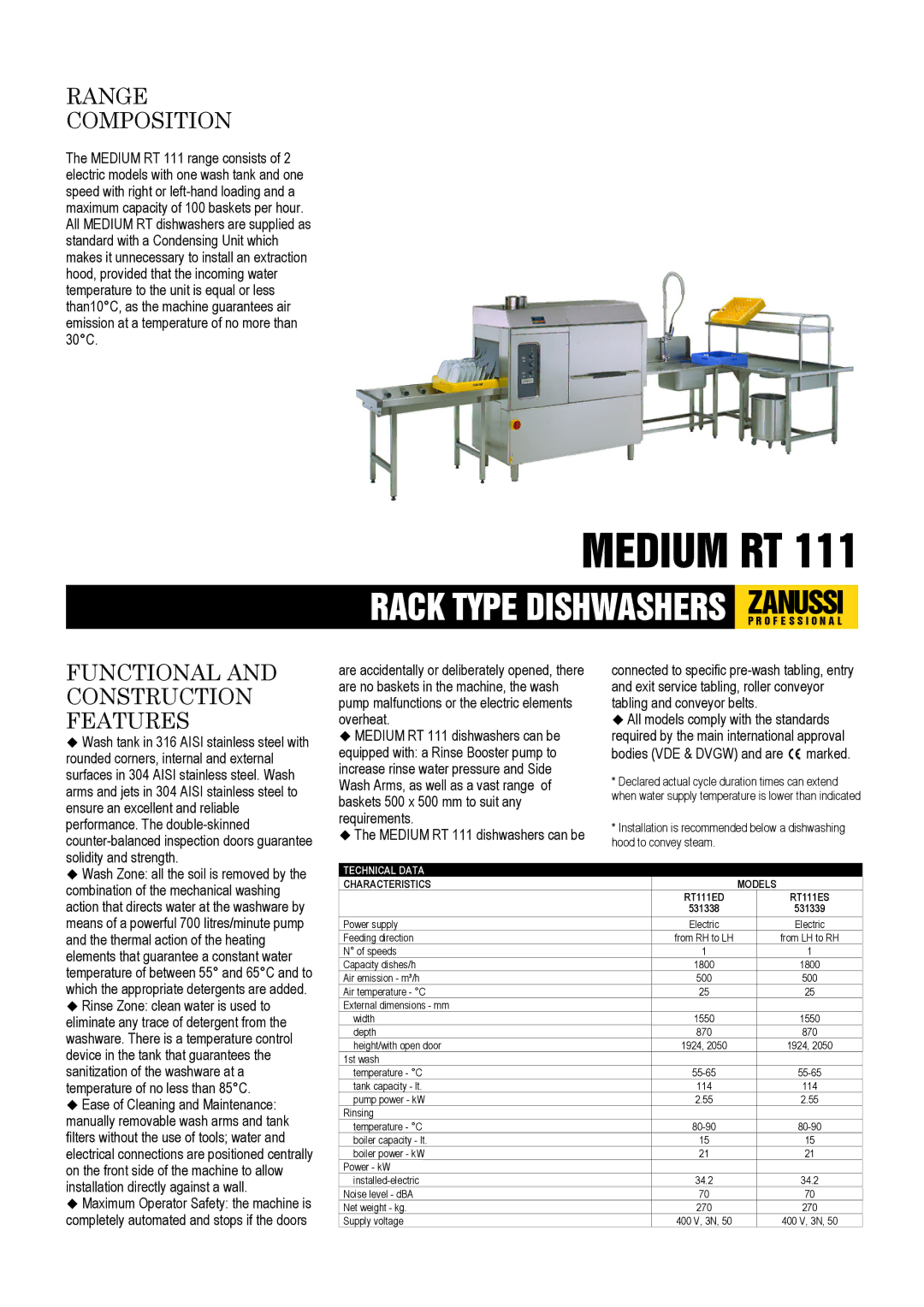 Zanussi RT111ES, RT 111, RT111ED, 531338, 531339 dimensions Range Composition, Functional and Construction Features 