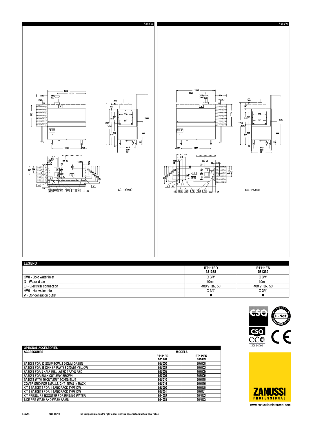 Zanussi RT111ED, RT 111 dimensions Zanussi, RT111ES, 531338, 531339, Optional Accessories, Models 