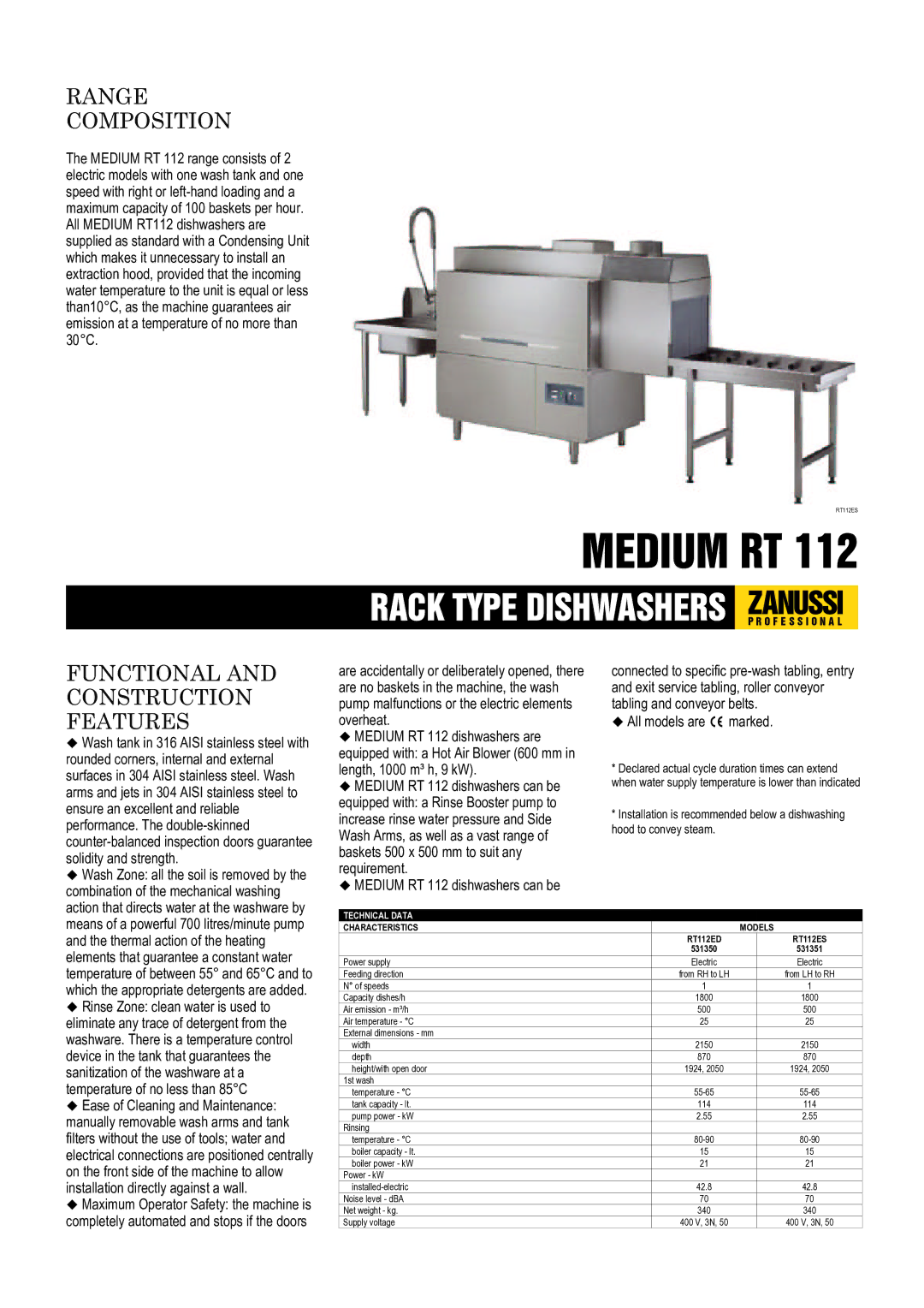 Zanussi RT112ES dimensions Range Composition, Functional and Construction Features, Technical Data, Characteristics Models 