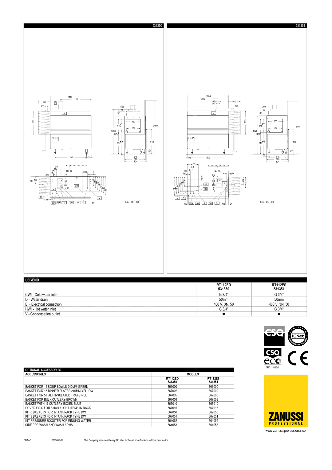 Zanussi Medium RT 112, 531350, 531351 dimensions Optional Accessories, Accessories Models RT112ED RT112ES 