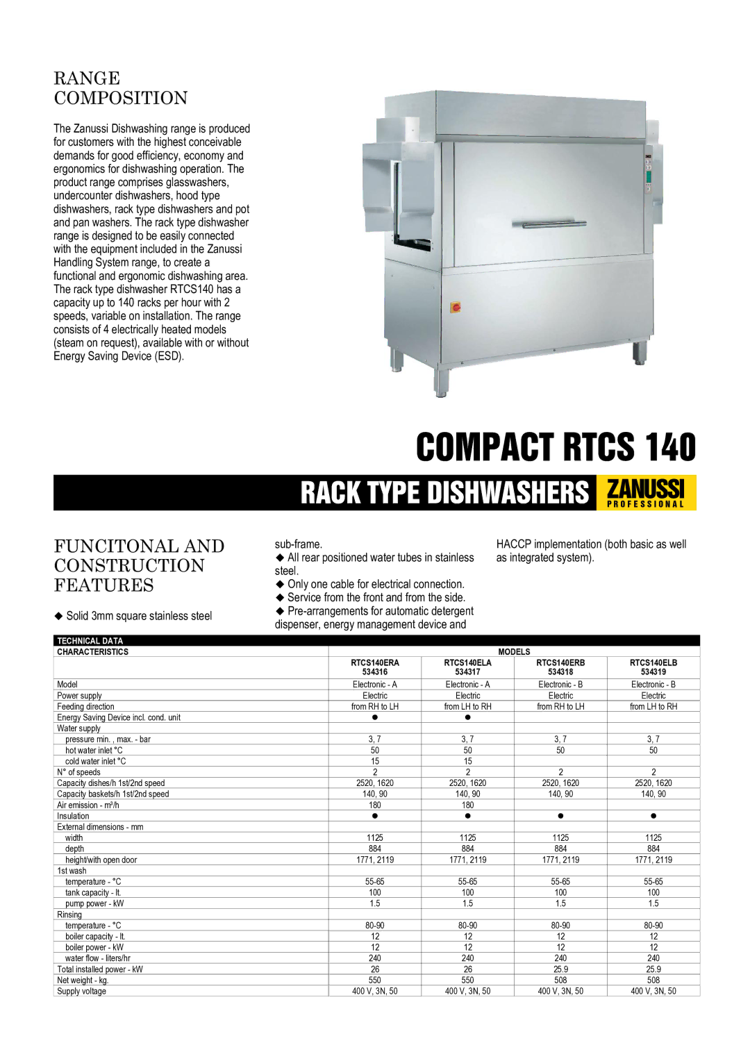 Zanussi RTCS140ELA, RTCS140ERA, RTCS140ELB, RTCS140ERB, 534318, 534316 dimensions Technical Data, Characteristics Models 