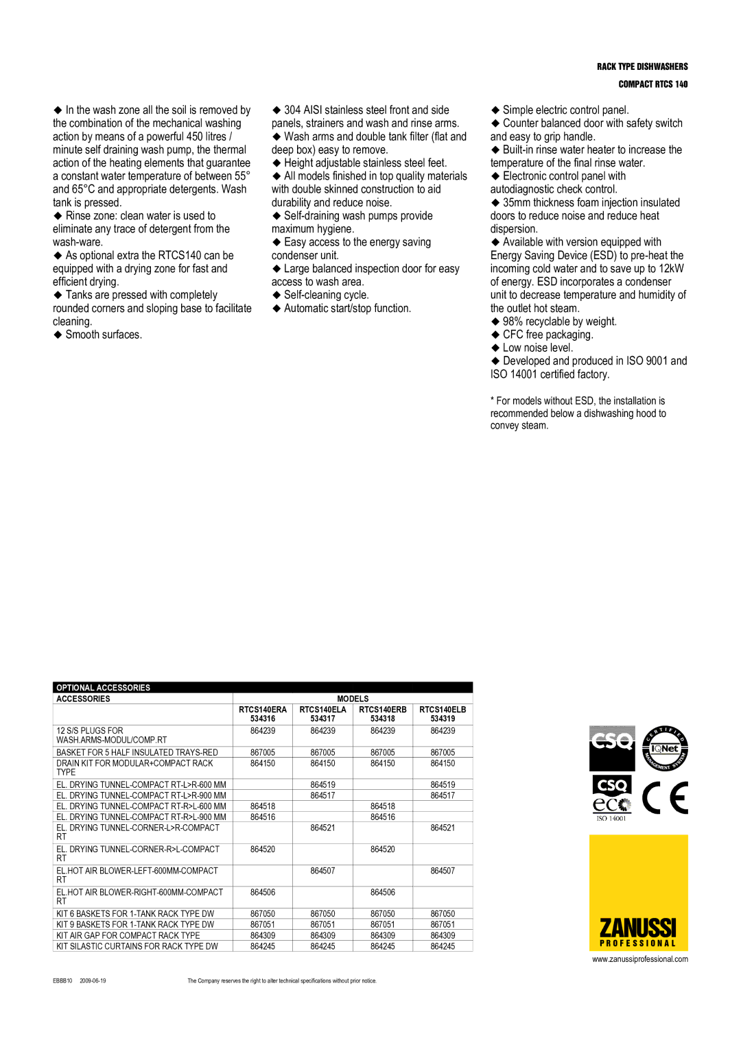 Zanussi RTCS140ELB, RTCS140ERA, RTCS140ELA, RTCS140ERB, 534318, 534316, 534319, 534317 Optional Accessories, Accessories Models 