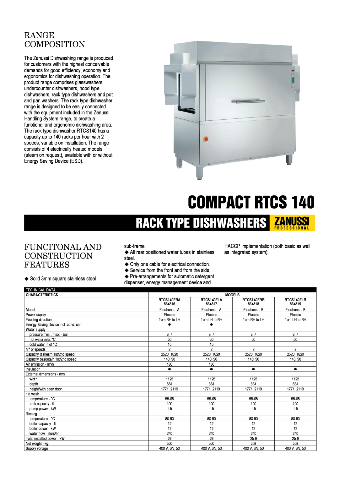 Zanussi RTCS140ELA, RTCS140ERA, RTCS140ELB dimensions Compact Rtcs, Range Composition, Funcitonal And Construction Features 