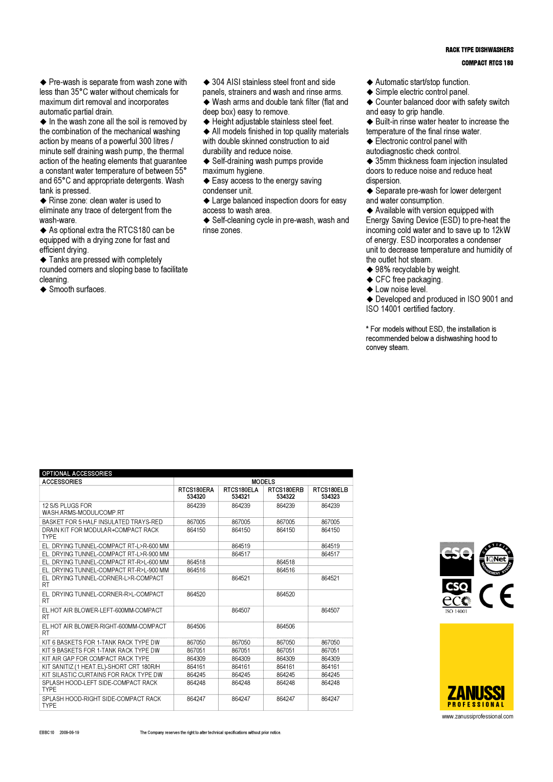 Zanussi RTCS180ERA, RTCS180ERB, RTCS180ELA, RTCS180ELB, 534320, 534323, 534321, 534322 Optional Accessories, Accessories Models 