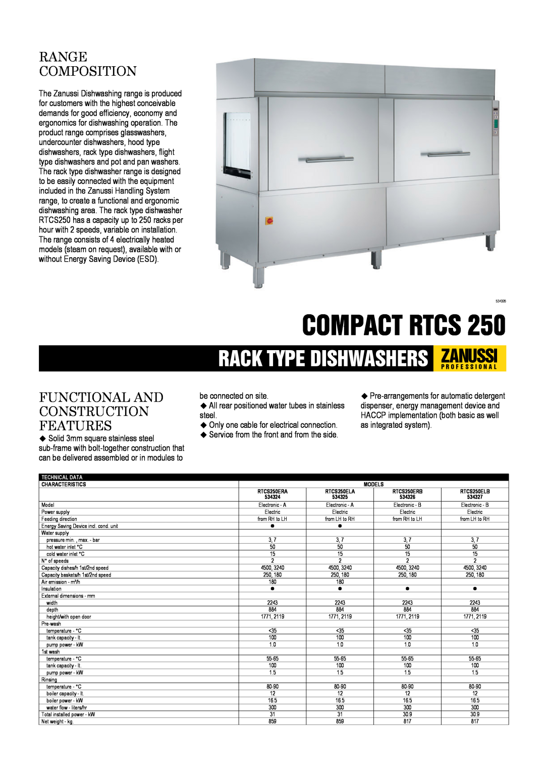 Zanussi RTCS250ERA, RTCS250ERB, RTCS250ELB dimensions Compact Rtcs, Range Composition, Functional And Construction Features 