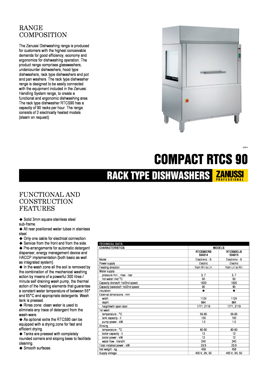 Zanussi RTCS90ELB, RTCS90ERB, 534314 dimensions Compact Rtcs, Range Composition, Functional And Construction Features 