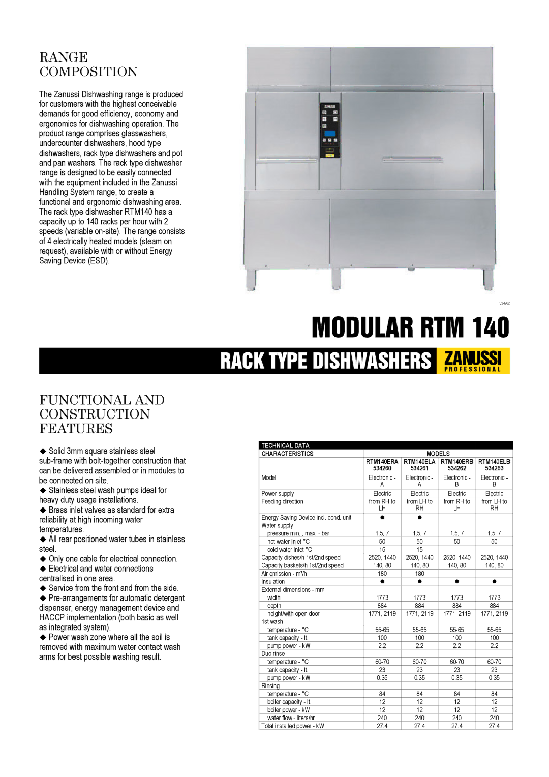 Zanussi RTM140ELA, RTM140ERB, RTM140ERA, RTM140ELB, 534261, 534263, 534262 dimensions Technical Data, Characteristics Models 