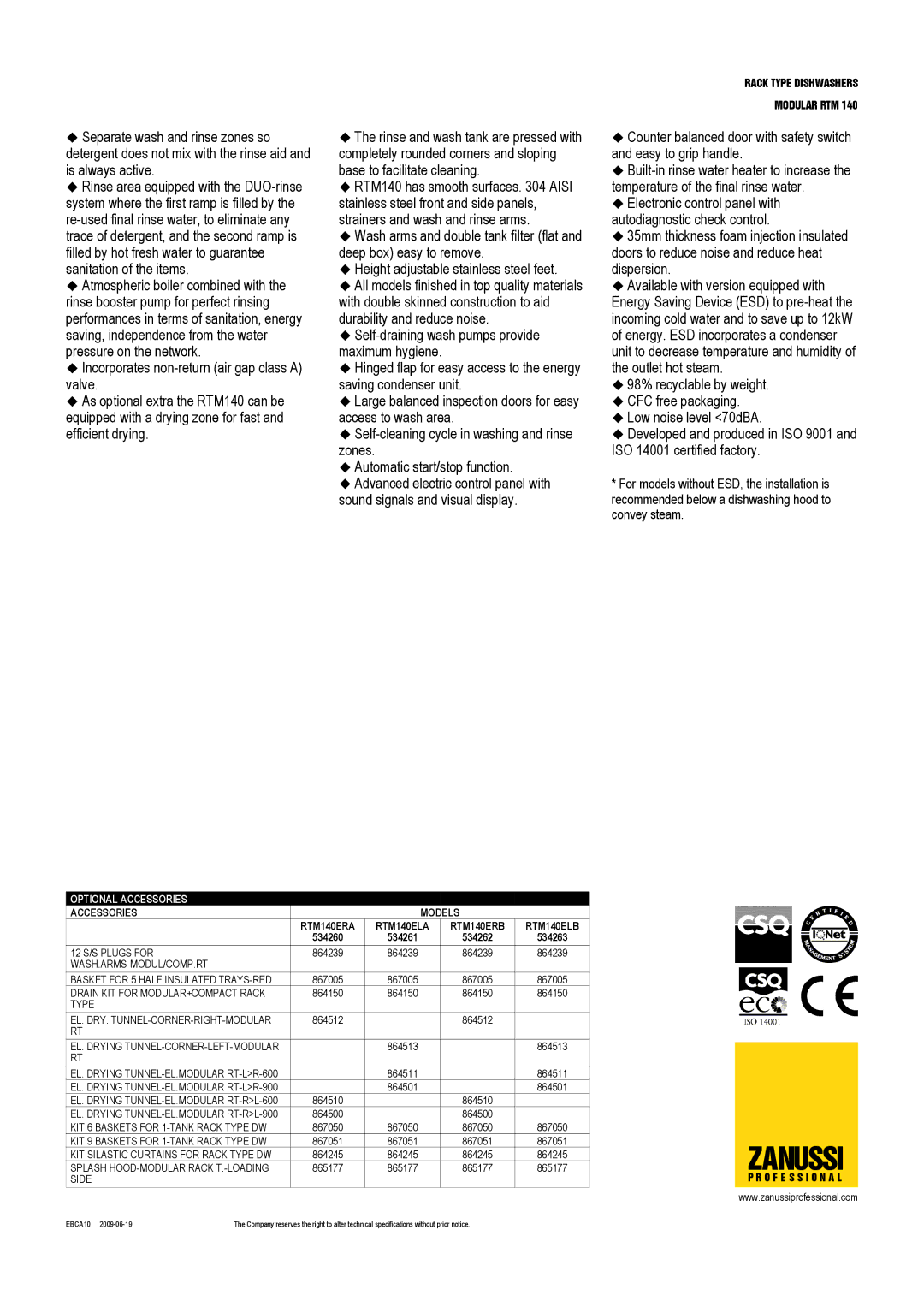 Zanussi RTM140ERA, RTM140ERB, RTM140ELA, RTM140ELB, 534261, 534263, 534262, 534260 Optional Accessories, Accessories Models 