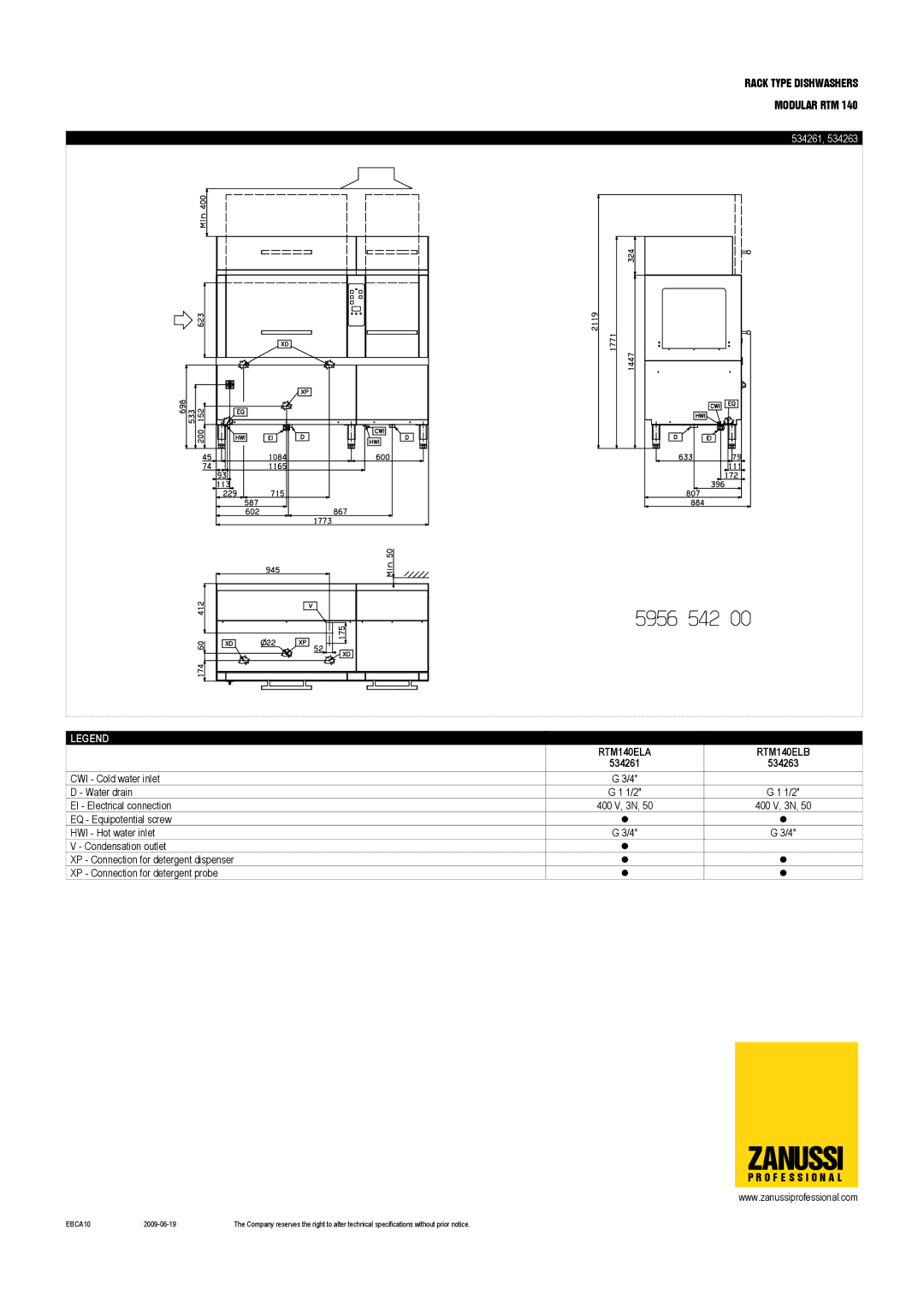 Zanussi RTM140ERB, RTM140ELA, RTM140ERA, RTM140ELB, 534262, 534260 dimensions 534261 534263 