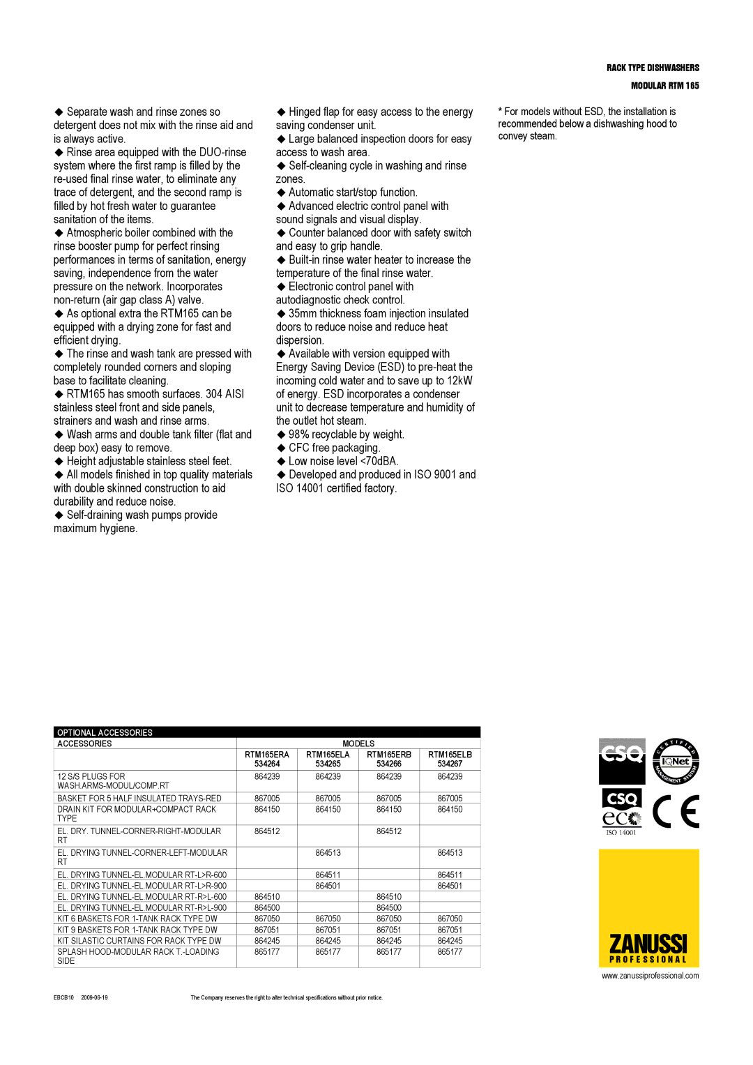 Zanussi RTM165ERB, RTM165ELB, RTM165ELA, RTM165ERA, 534265, 534264, 534266, 534267 Optional Accessories, Accessories Models 